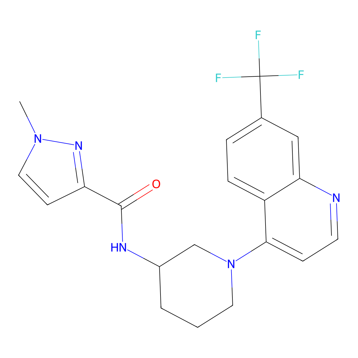 1-methyl-N-{1-[7-(trifluoromethyl)quinolin-4-yl]piperidin-3-yl}-1H-pyrazole-3-carboxamide molecular structure, CAS 3054587-45-7