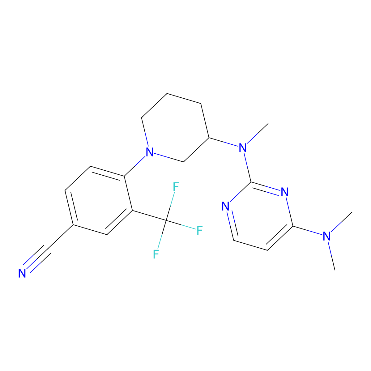 4-(3-{[4-(Dimethylamino)pyrimidin-2-yl](methyl)amino}piperidin-1-yl)-3-(trifluoromethyl)benzonitrile molecular structure, CAS 3054587-52-6