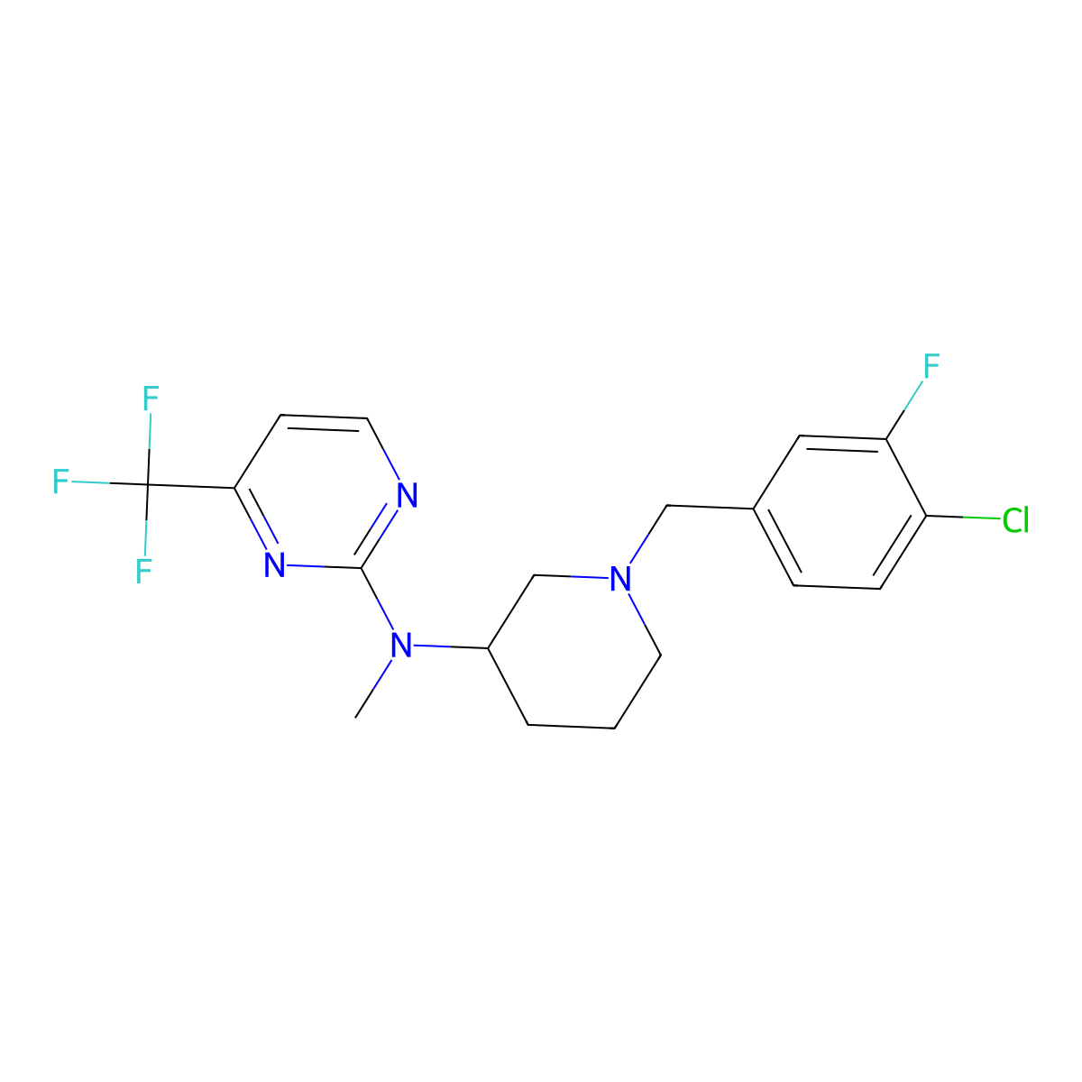N-{1-[(4-chloro-3-fluorophenyl)methyl]piperidin-3-yl}-N-methyl-4-(trifluoromethyl)pyrimidin-2-amine molecular structure, CAS 3054587-56-0
