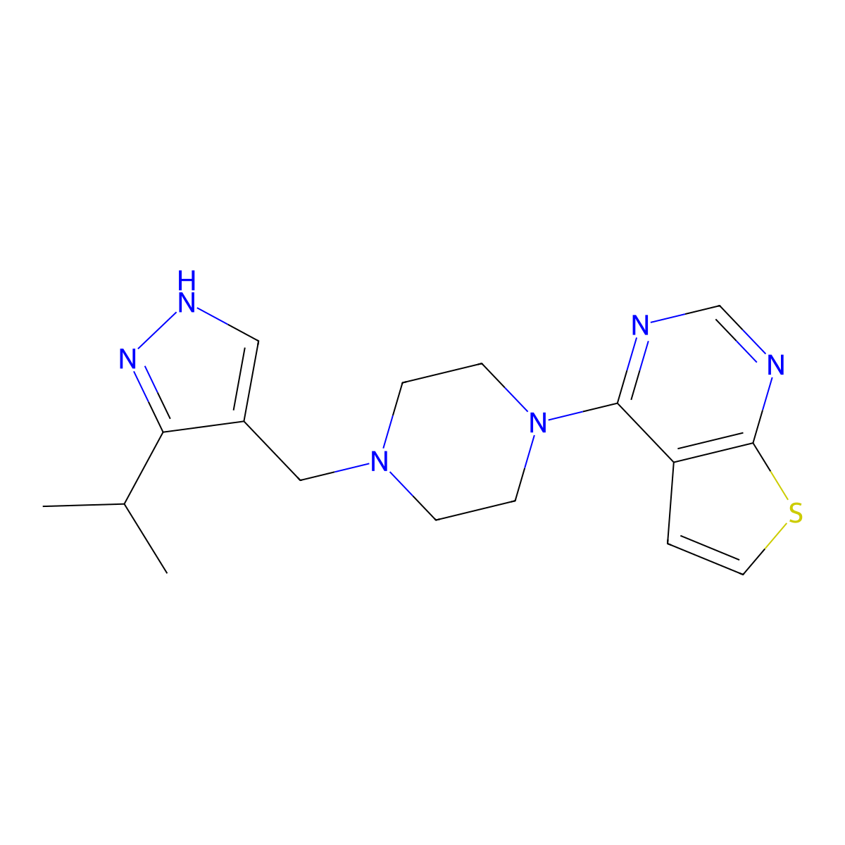 1-{[3-(propan-2-yl)-1H-pyrazol-4-yl]methyl}-4-{thieno[2,3-d]pyrimidin-4-yl}piperazine molecular structure, CAS 3054587-68-4