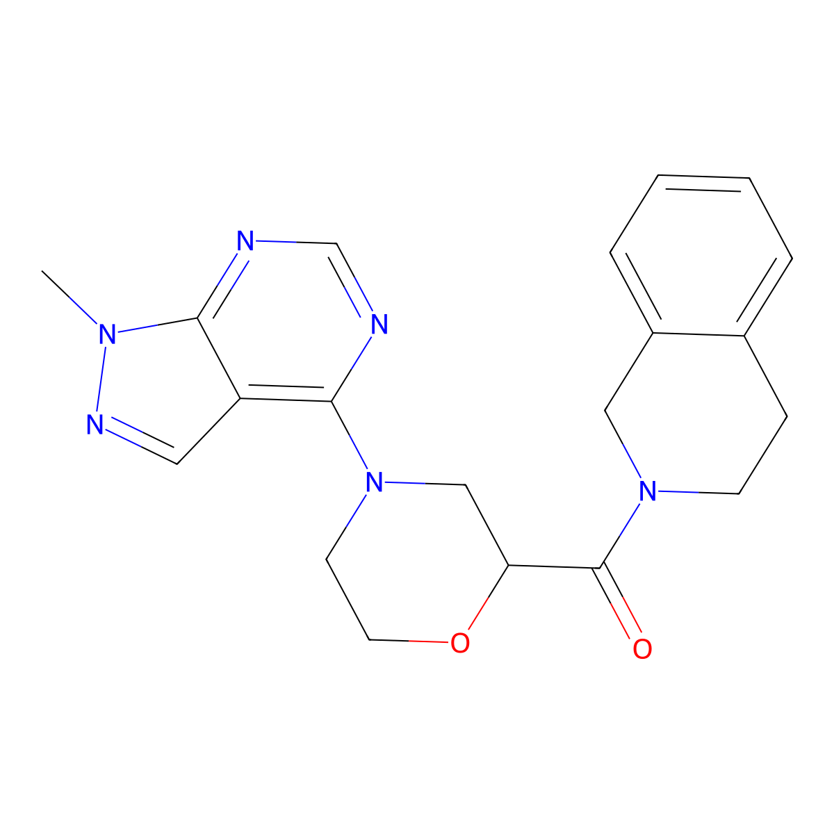 2-(4-{1-methyl-1H-pyrazolo[3,4-d]pyrimidin-4-yl}morpholine-2-carbonyl)-1,2,3,4-tetrahydroisoquinoline molecular structure, CAS 3054587-72-0