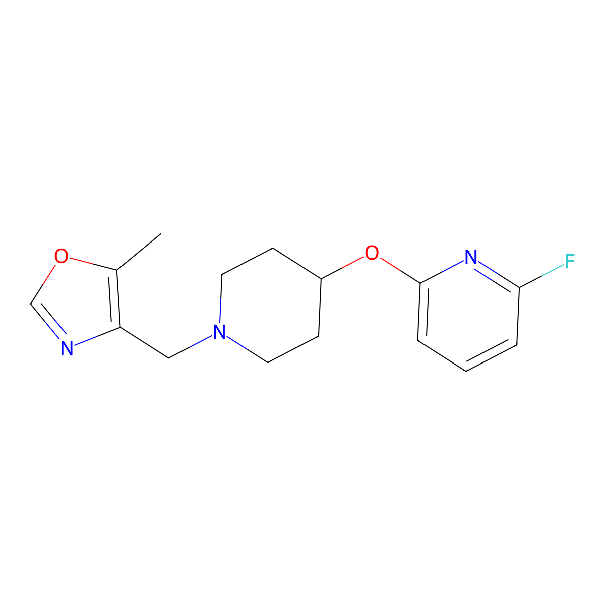 2-Fluoro-6-({1-[(5-methyl-1,3-oxazol-4-yl)methyl]piperidin-4-yl}oxy)pyridine molecular structure, CAS 3054587-73-1