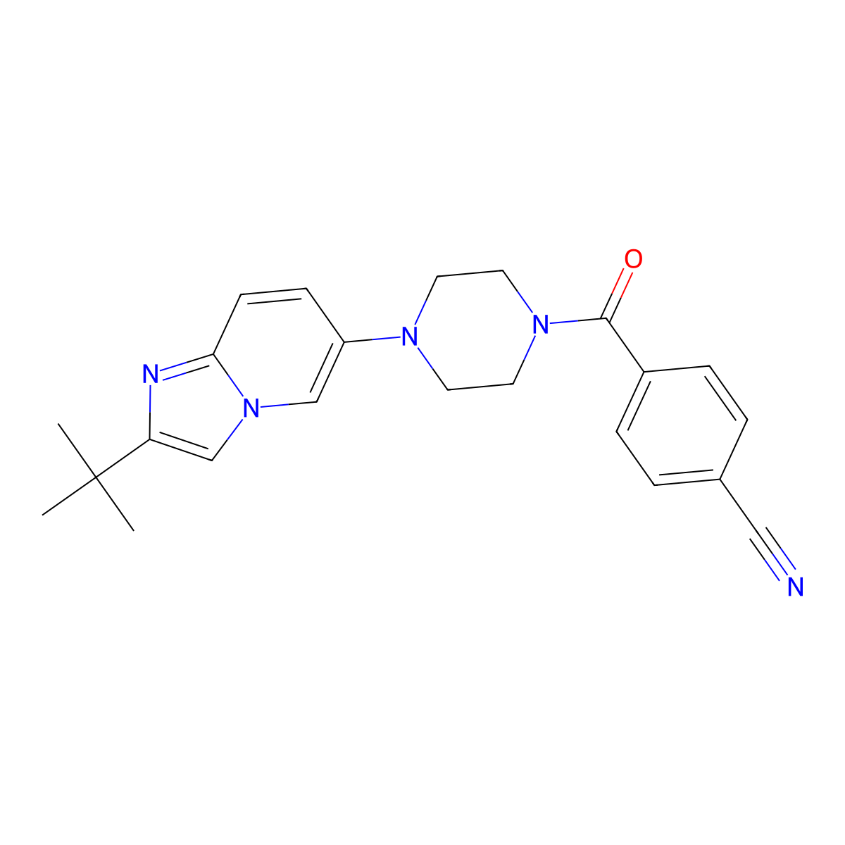 4-(4-{2-Tert-butylimidazo[1,2-a]pyridin-6-yl}piperazine-1-carbonyl)benzonitrile molecular structure, CAS 3054587-82-2