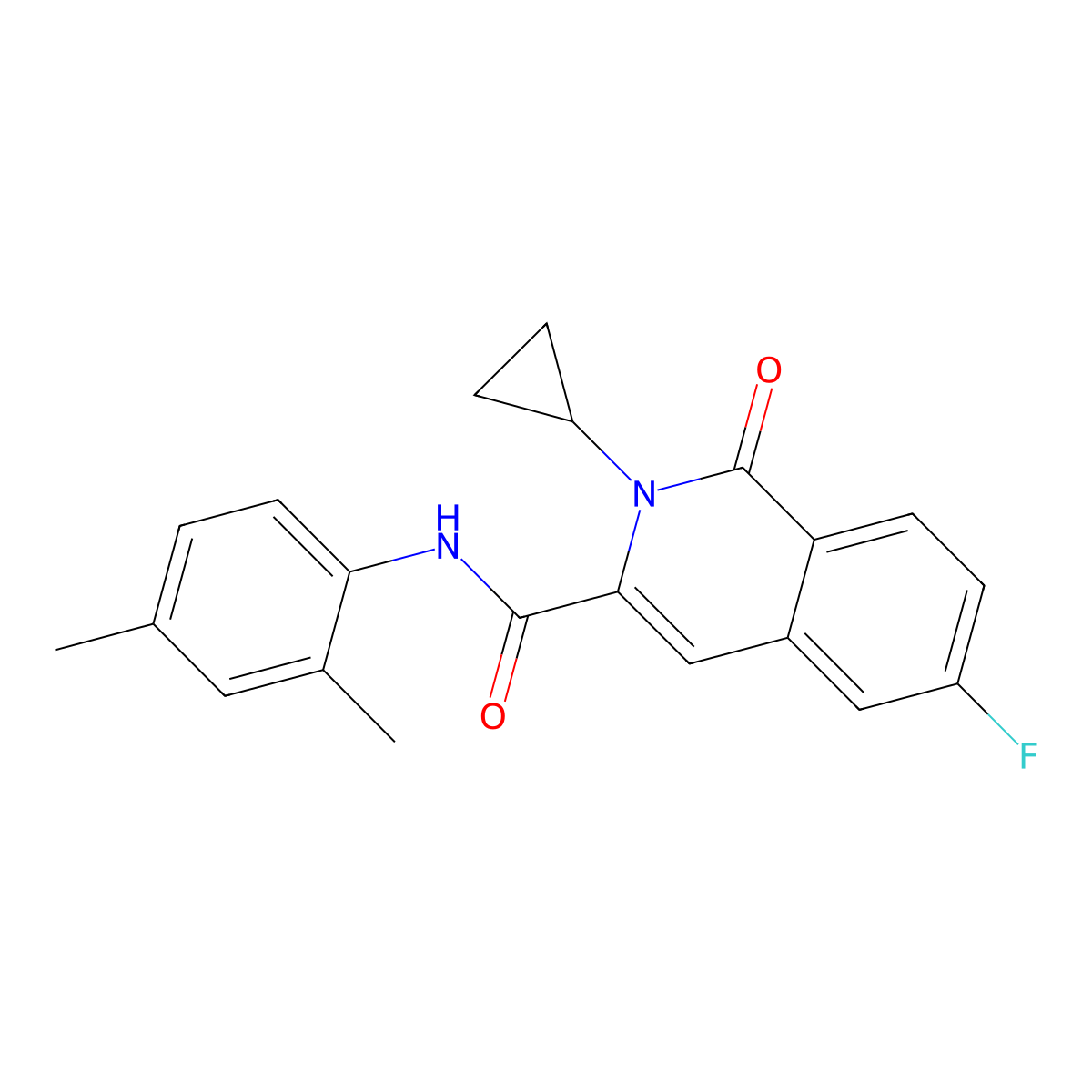 2-cyclopropyl-N-(2,4-dimethylphenyl)-6-fluoro-1-oxo-1,2-dihydroisoquinoline-3-carboxamide molecular structure, CAS 3054587-89-9