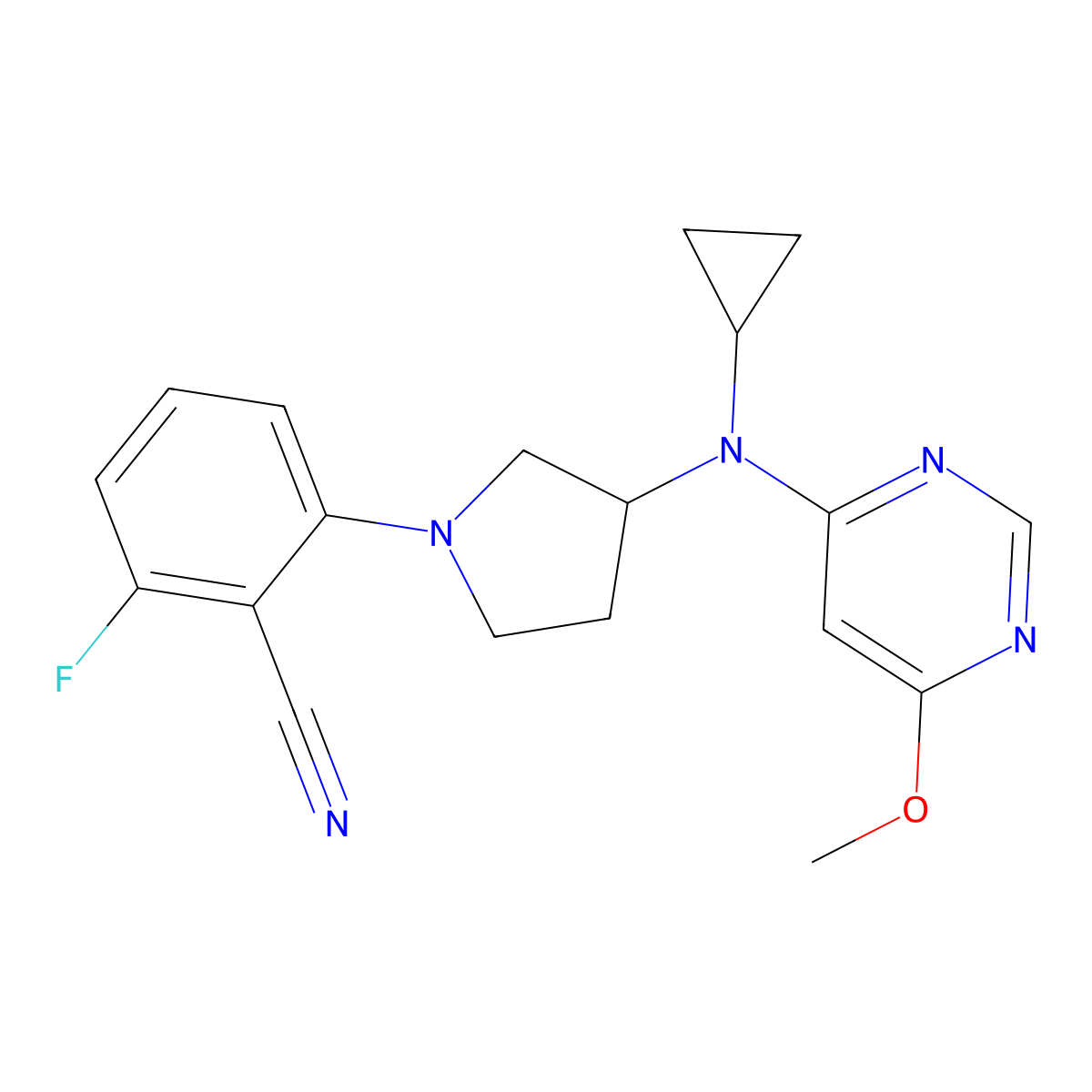 2-{3-[Cyclopropyl(6-methoxypyrimidin-4-yl)amino]pyrrolidin-1-yl}-6-fluorobenzonitrile molecular structure, CAS 3054587-91-3