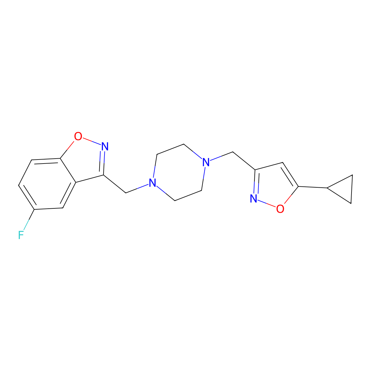 3-({4-[(5-Cyclopropyl-1,2-oxazol-3-yl)methyl]piperazin-1-yl}methyl)-5-fluoro-1,2-benzoxazole molecular structure, CAS 3054588-03-0