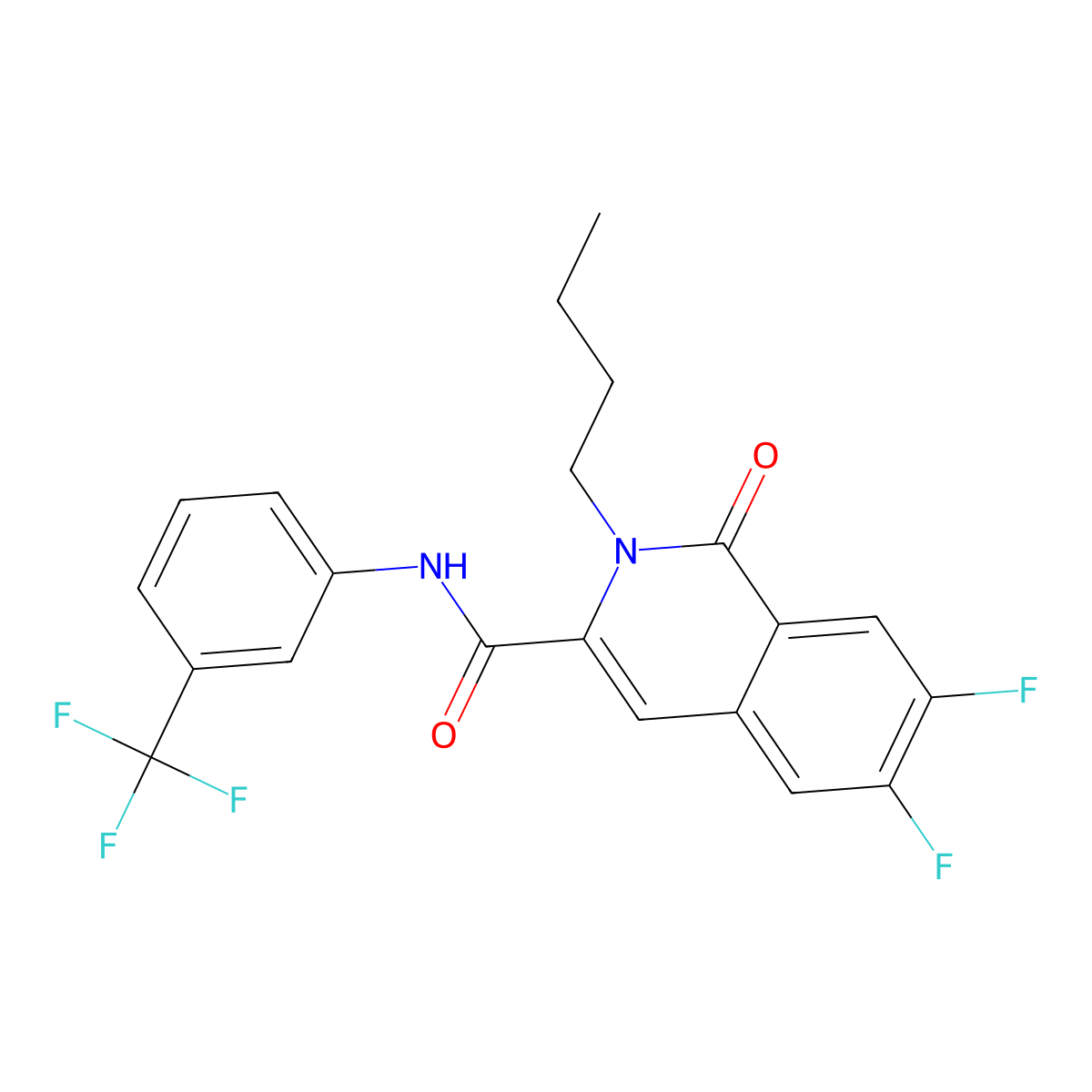 2-butyl-6,7-difluoro-1-oxo-N-[3-(trifluoromethyl)phenyl]-1,2-dihydroisoquinoline-3-carboxamide molecular structure, CAS 3054588-14-3