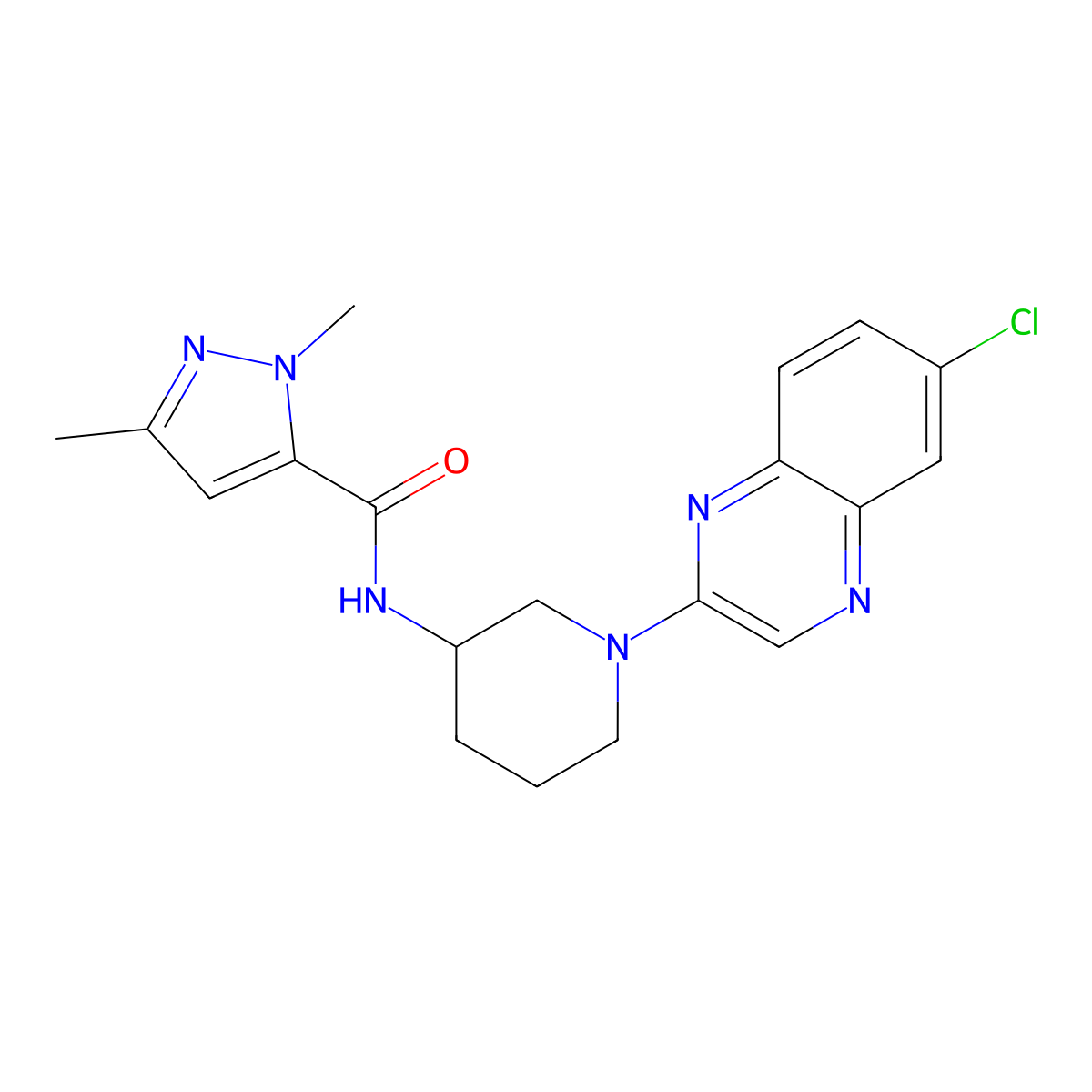 N-[1-(6-chloroquinoxalin-2-yl)piperidin-3-yl]-1,3-dimethyl-1H-pyrazole-5-carboxamide molecular structure, CAS 3054588-16-5