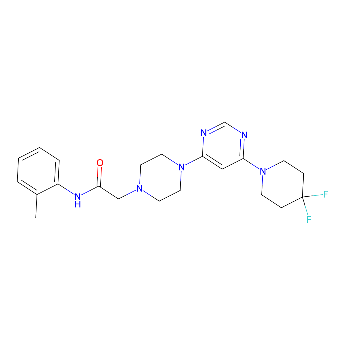 2-[4-[6-(4,4-difluoropiperidin-1-yl)pyrimidin-4-yl]piperazin-1-yl]-N-(2-methylphenyl)acetamide molecular structure, CAS 3054588-19-8