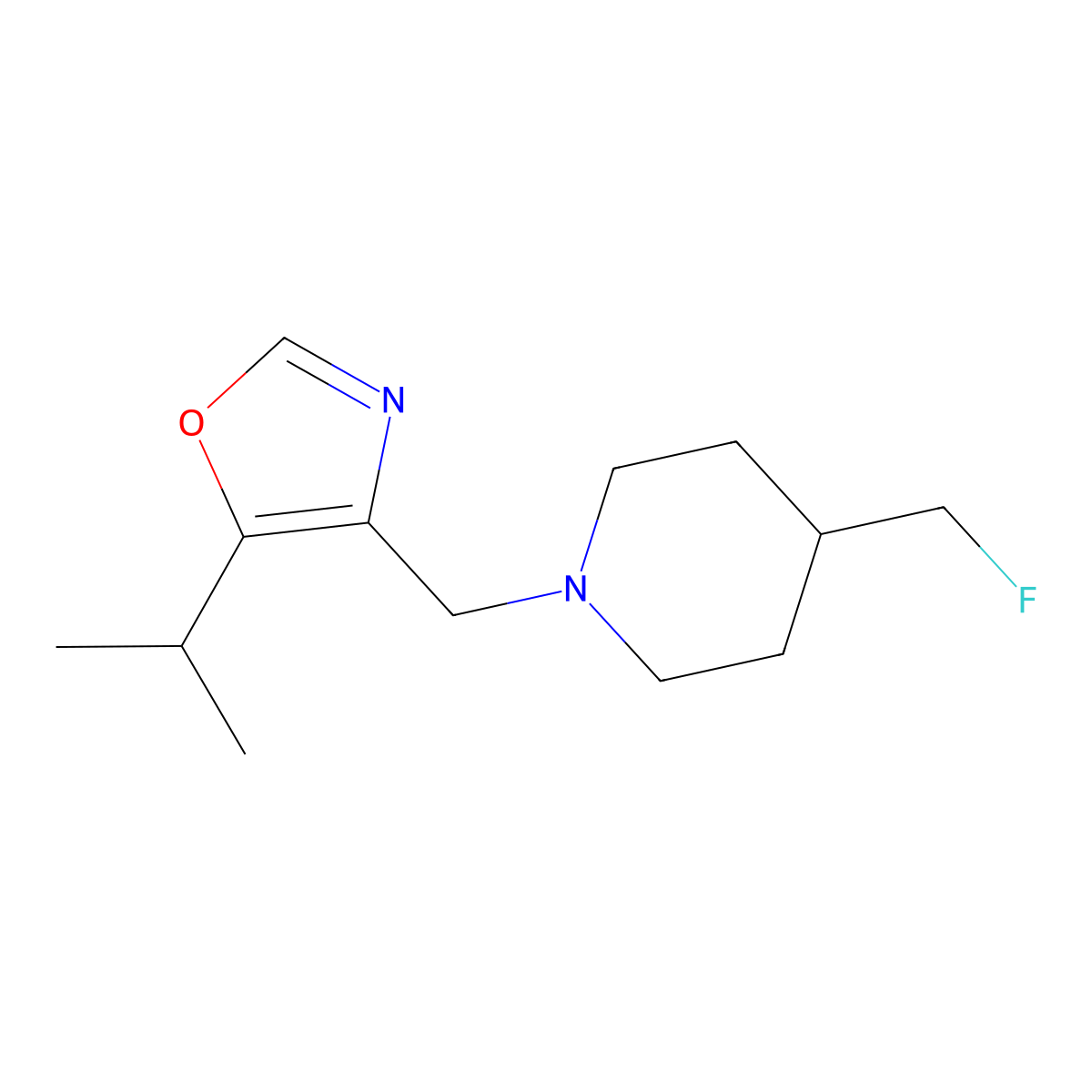 4-(Fluoromethyl)-1-{[5-(propan-2-yl)-1,3-oxazol-4-yl]methyl}piperidine molecular structure, CAS 3054588-25-6