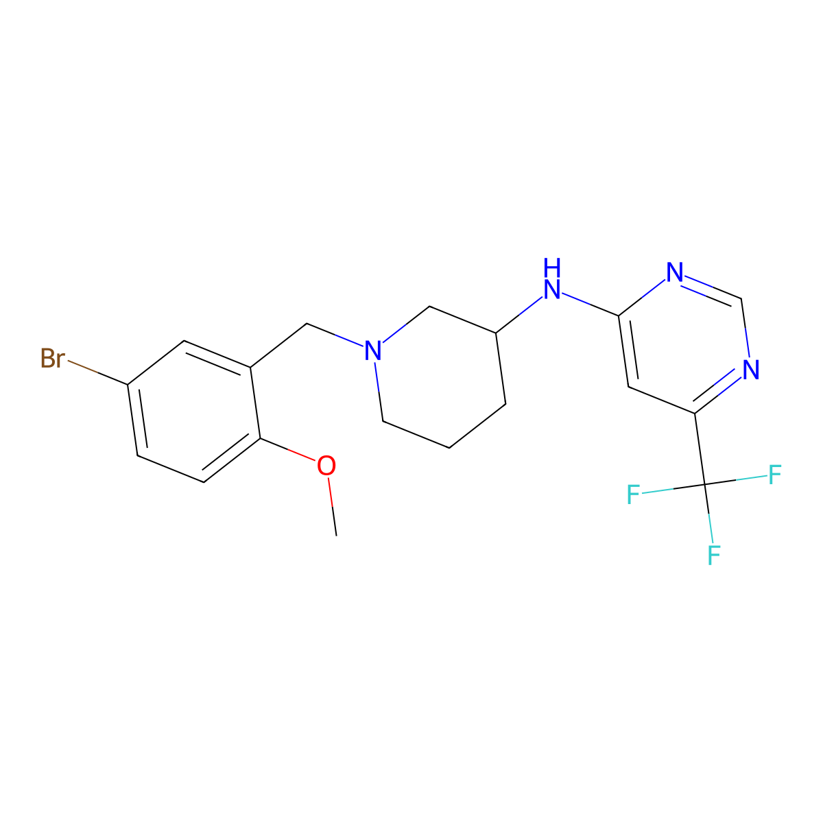 N-{1-[(5-bromo-2-methoxyphenyl)methyl]piperidin-3-yl}-6-(trifluoromethyl)pyrimidin-4-amine molecular structure, CAS 3054588-36-9