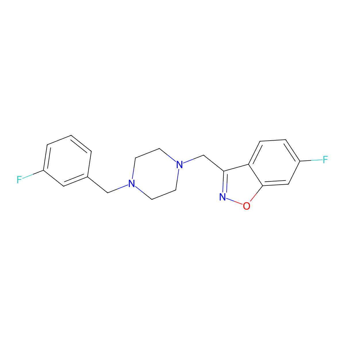 6-Fluoro-3-({4-[(3-fluorophenyl)methyl]piperazin-1-yl}methyl)-1,2-benzoxazole molecular structure, CAS 3054588-47-2