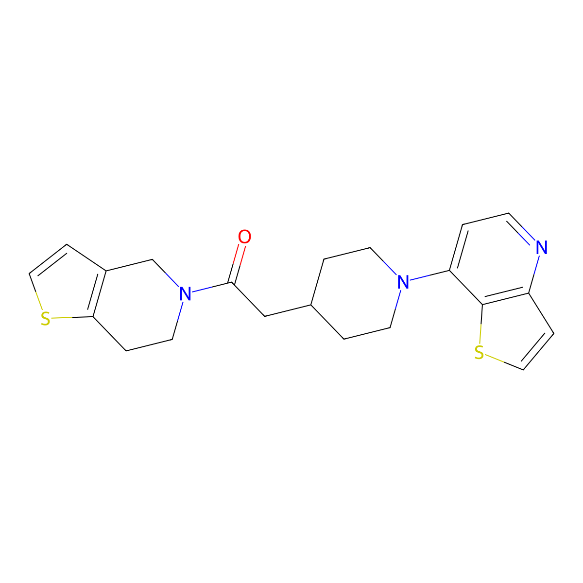 2-(1-{thieno[3,2-b]pyridin-7-yl}piperidin-4-yl)-1-{4H,5H,6H,7H-thieno[3,2-c]pyridin-5-yl}ethan-1-one molecular structure, CAS 3054588-49-4