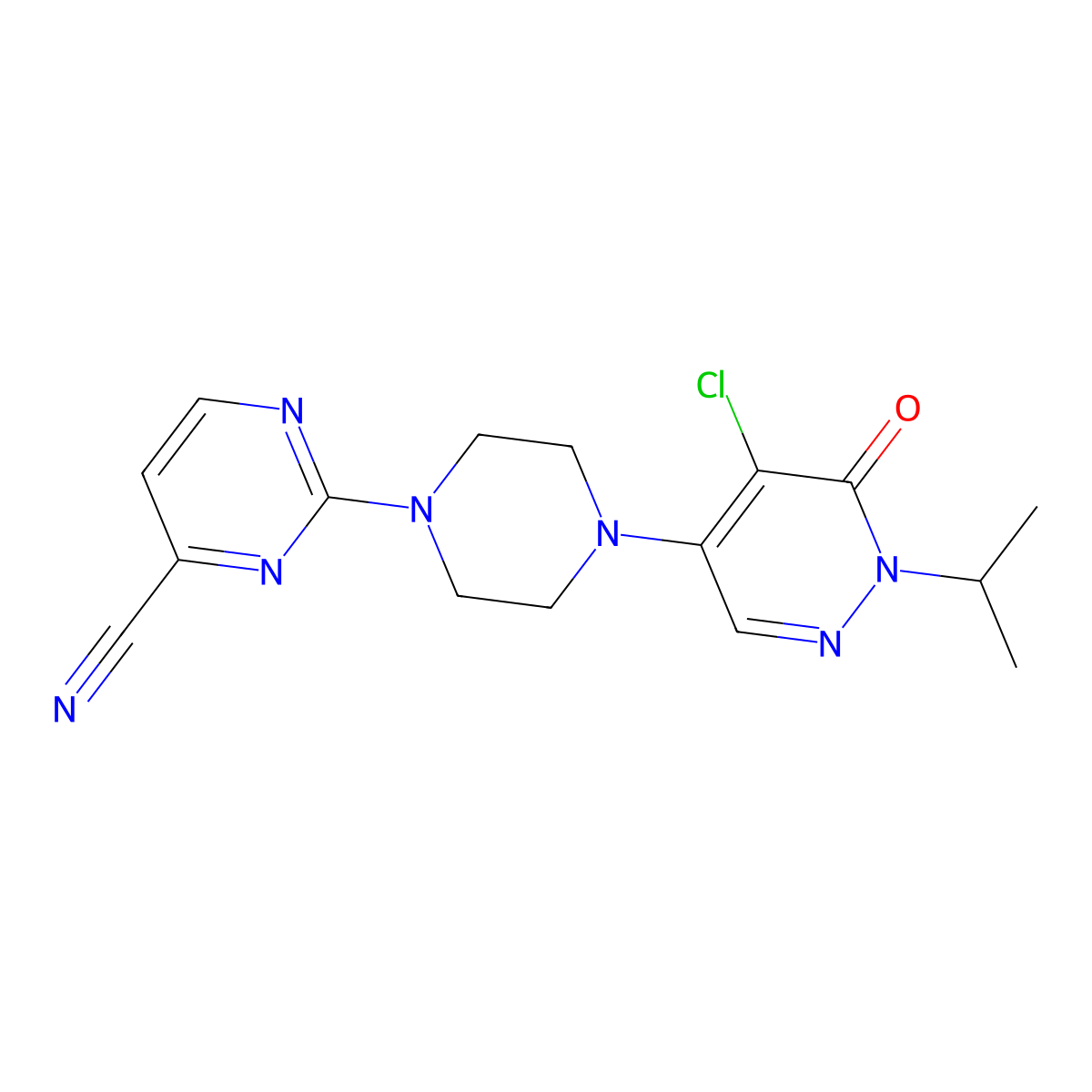 2-{4-[5-Chloro-6-oxo-1-(propan-2-yl)-1,6-dihydropyridazin-4-yl]piperazin-1-yl}pyrimidine-4-carbonitrile molecular structure, CAS 3054588-51-8