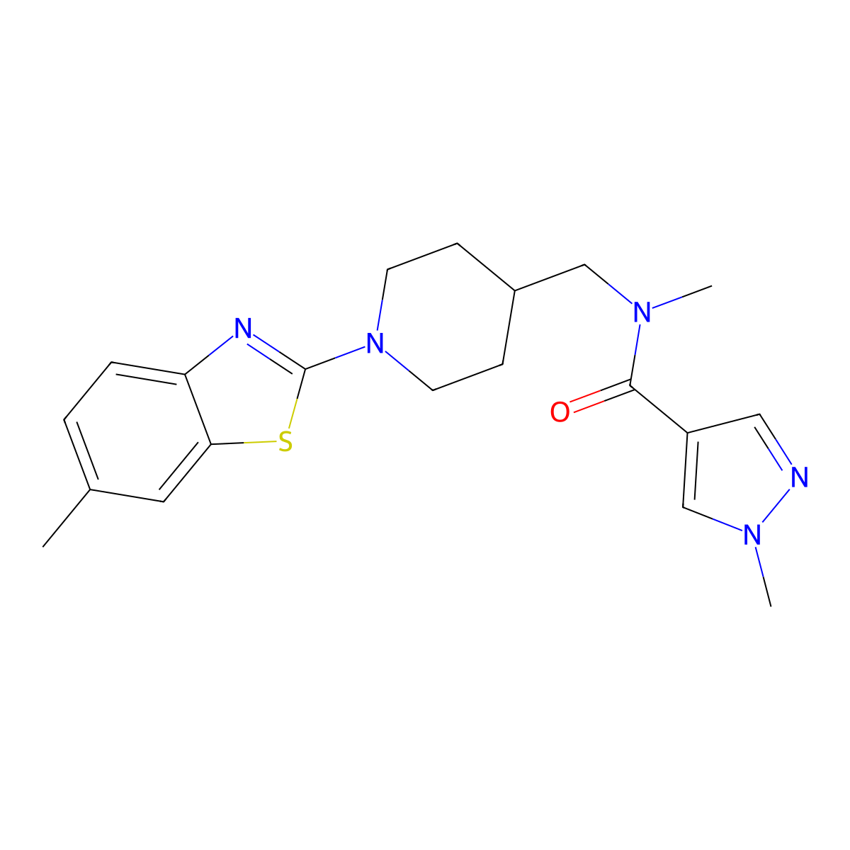 N,1-dimethyl-N-{[1-(6-methyl-1,3-benzothiazol-2-yl)piperidin-4-yl]methyl}-1H-pyrazole-4-carboxamide molecular structure, CAS 3054588-56-3