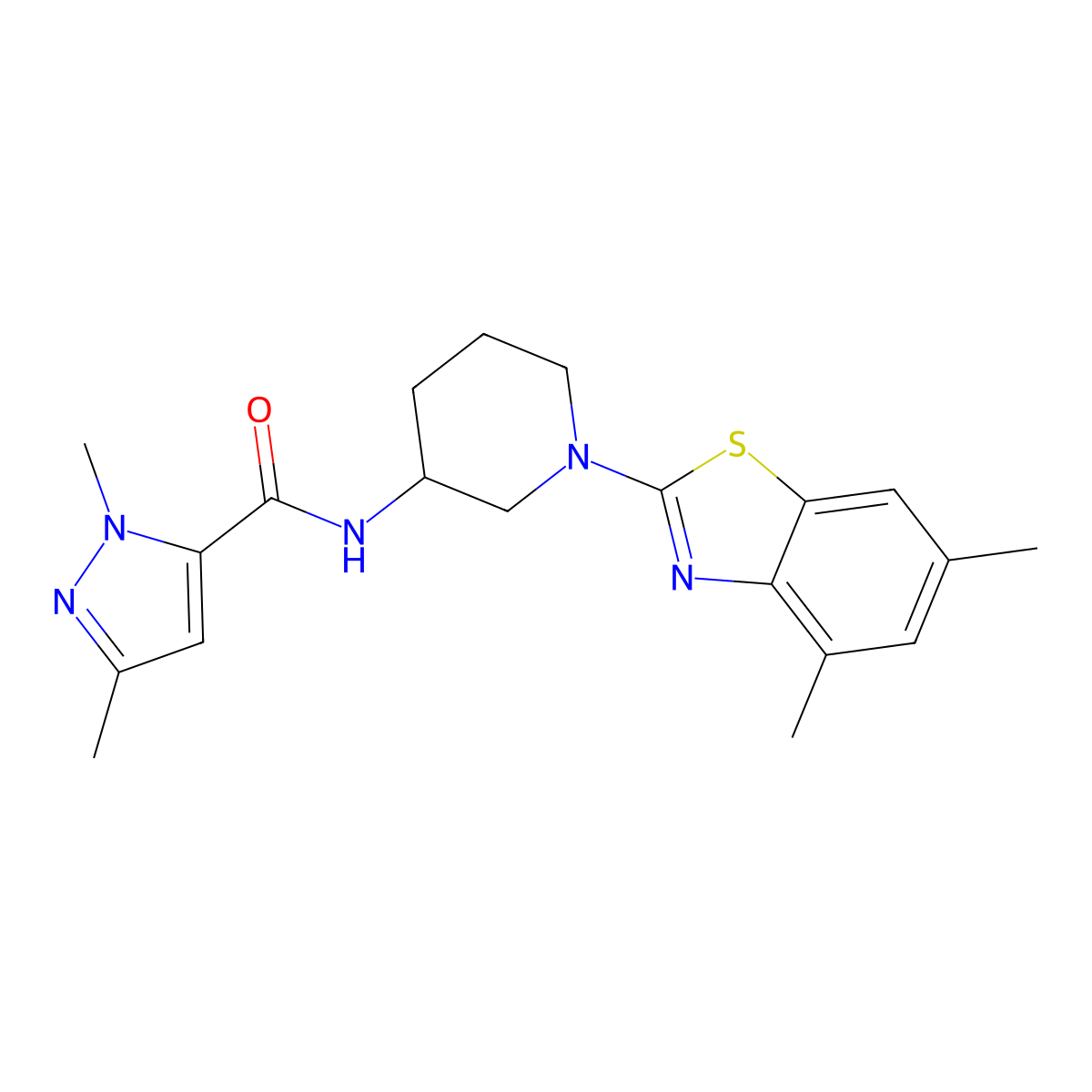 N-[1-(4,6-dimethyl-1,3-benzothiazol-2-yl)piperidin-3-yl]-1,3-dimethyl-1H-pyrazole-5-carboxamide molecular structure, CAS 3054588-57-4