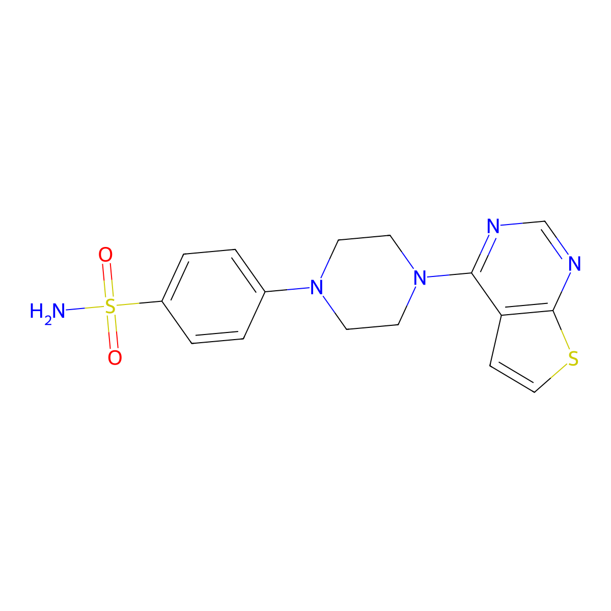 4-(4-{Thieno[2,3-d]pyrimidin-4-yl}piperazin-1-yl)benzene-1-sulfonamide molecular structure, CAS 3054588-58-5