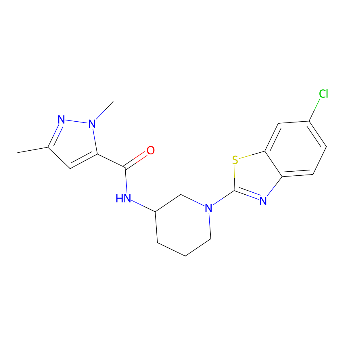N-[1-(6-chloro-1,3-benzothiazol-2-yl)piperidin-3-yl]-1,3-dimethyl-1H-pyrazole-5-carboxamide molecular structure, CAS 3054588-67-6