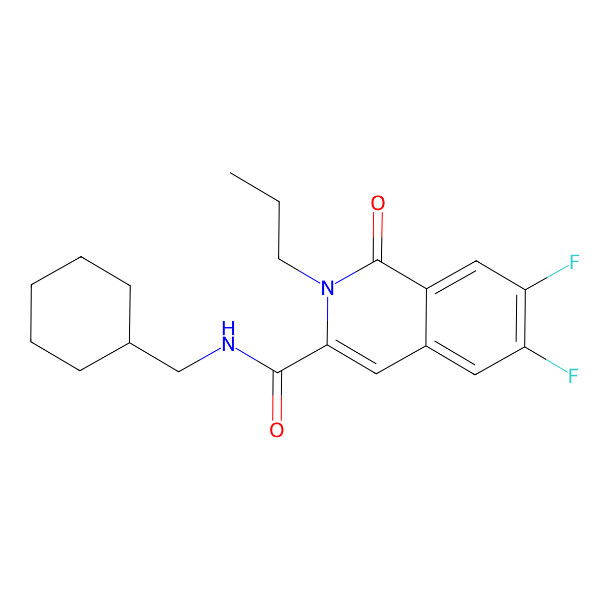 N-(cyclohexylmethyl)-6,7-difluoro-1-oxo-2-propyl-1,2-dihydroisoquinoline-3-carboxamide molecular structure, CAS 3054588-69-8
