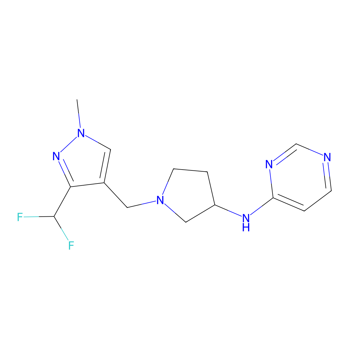 N-(1-{[3-(difluoromethyl)-1-methyl-1H-pyrazol-4-yl]methyl}pyrrolidin-3-yl)pyrimidin-4-amine molecular structure, CAS 3054588-70-1
