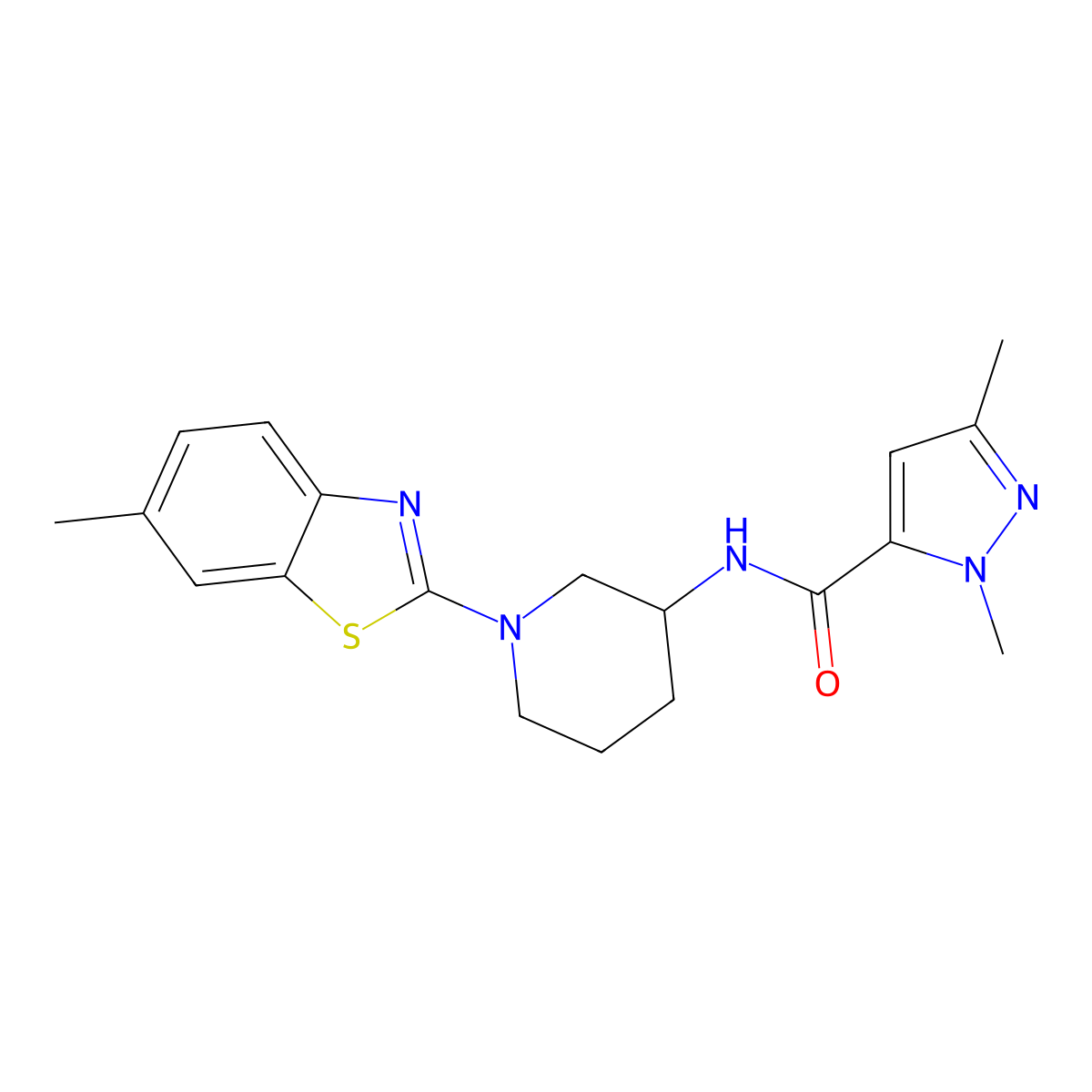 1,3-dimethyl-N-[1-(6-methyl-1,3-benzothiazol-2-yl)piperidin-3-yl]-1H-pyrazole-5-carboxamide molecular structure, CAS 3054588-71-2