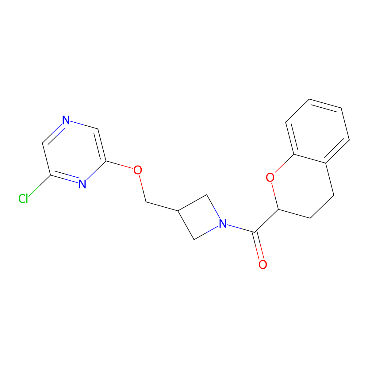2-chloro-6-{[1-(3,4-dihydro-2H-1-benzopyran-2-carbonyl)azetidin-3-yl]methoxy}pyrazine molecular structure, CAS 3054588-76-7