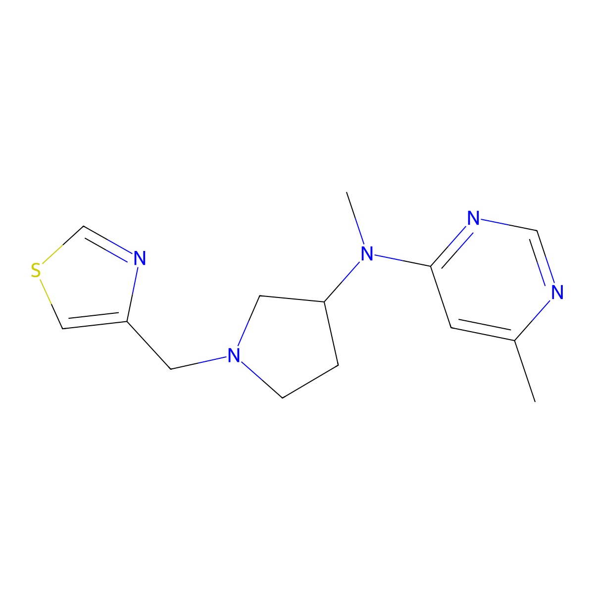 N,6-dimethyl-N-{1-[(1,3-thiazol-4-yl)methyl]pyrrolidin-3-yl}pyrimidin-4-amine molecular structure, CAS 3054588-81-4