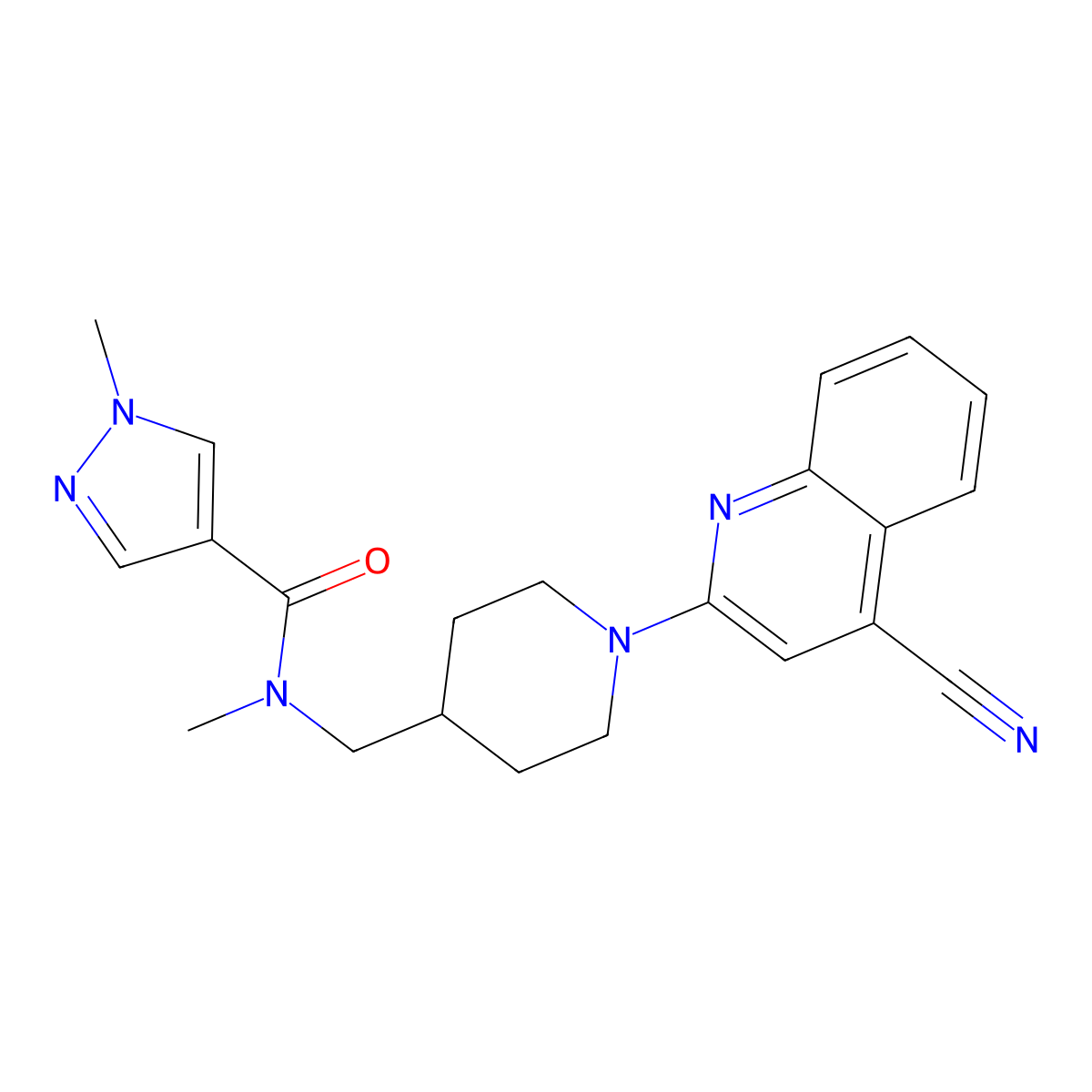 N-{[1-(4-cyanoquinolin-2-yl)piperidin-4-yl]methyl}-N,1-dimethyl-1H-pyrazole-4-carboxamide molecular structure, CAS 3054588-82-5