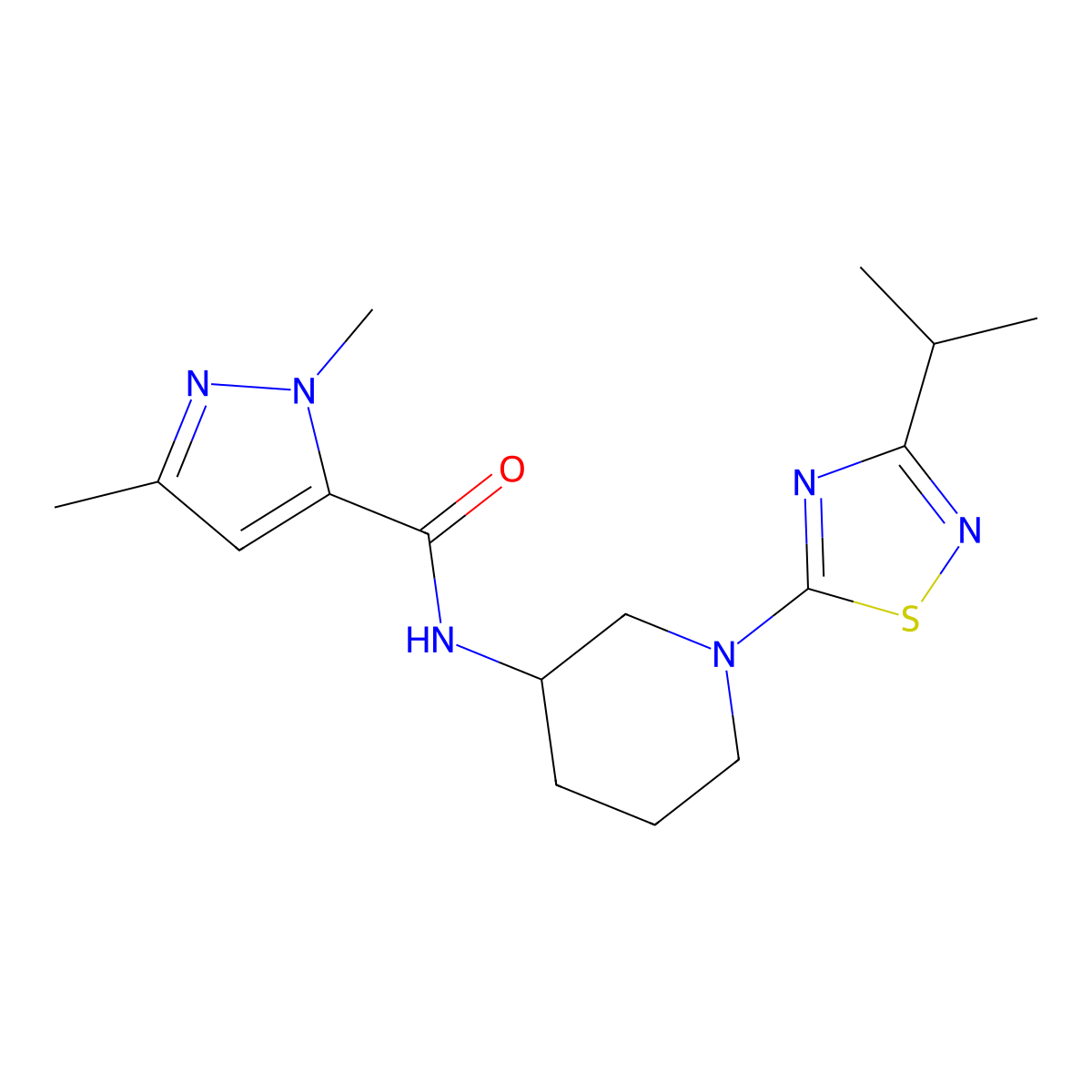 1,3-dimethyl-N-{1-[3-(propan-2-yl)-1,2,4-thiadiazol-5-yl]piperidin-3-yl}-1H-pyrazole-5-carboxamide molecular structure, CAS 3054588-95-0