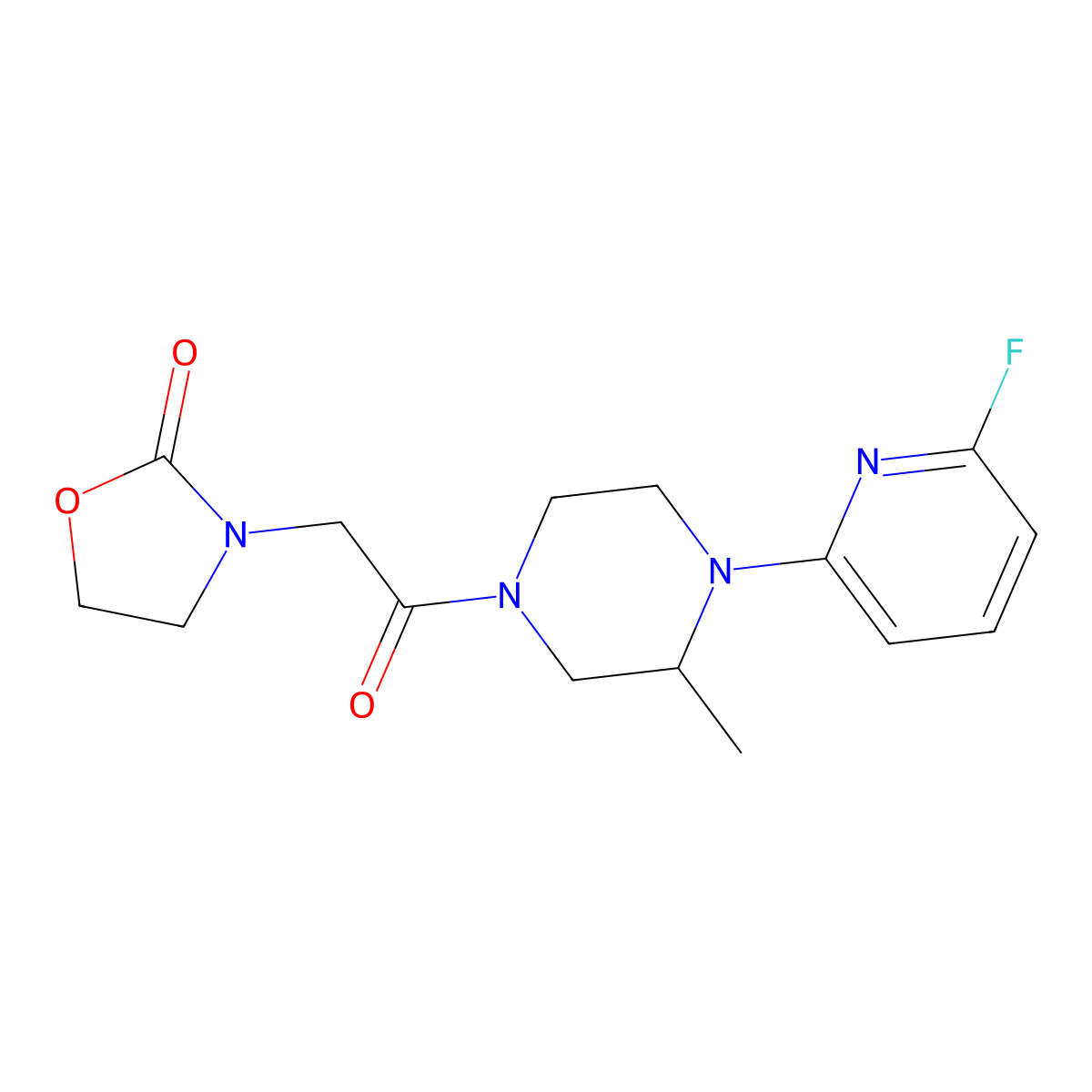 3-{2-[4-(6-Fluoropyridin-2-yl)-3-methylpiperazin-1-yl]-2-oxoethyl}-1,3-oxazolidin-2-one molecular structure, CAS 3054588-96-1