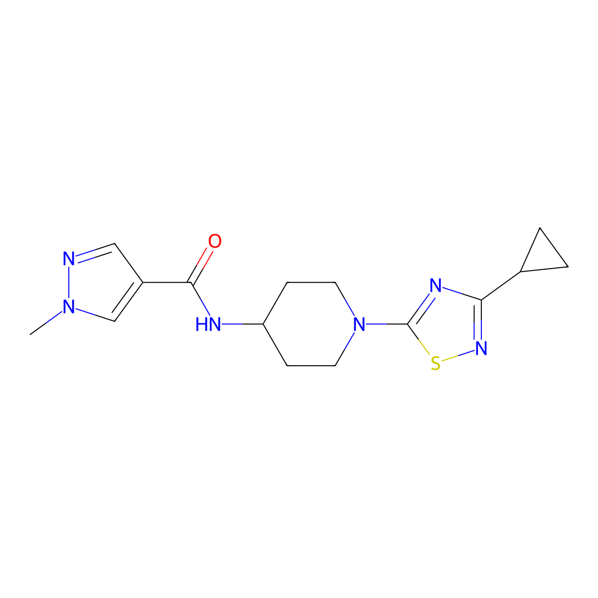 N-[1-(3-cyclopropyl-1,2,4-thiadiazol-5-yl)piperidin-4-yl]-1-methyl-1H-pyrazole-4-carboxamide molecular structure, CAS 3054589-05-5