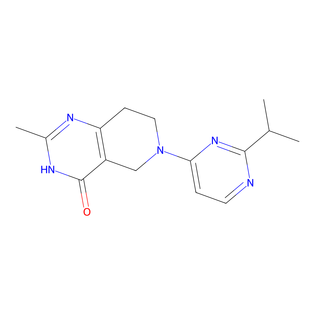 2-methyl-6-[2-(propan-2-yl)pyrimidin-4-yl]-3H,4H,5H,6H,7H,8H-pyrido[4,3-d]pyrimidin-4-one molecular structure, CAS 3054589-18-0