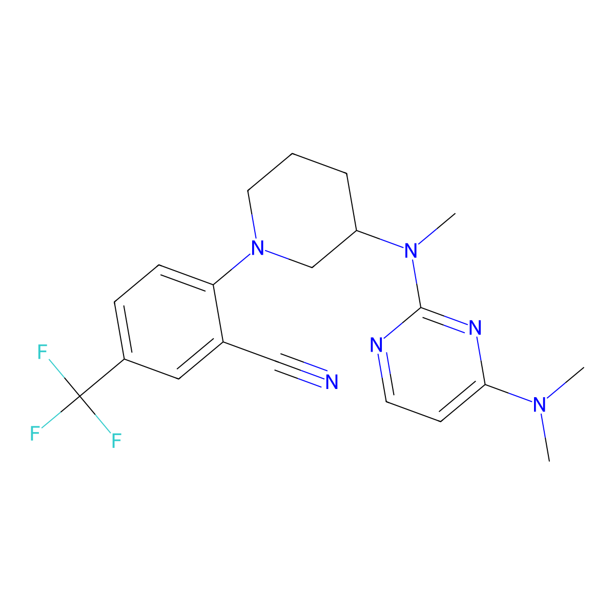 2-(3-{[4-(Dimethylamino)pyrimidin-2-yl](methyl)amino}piperidin-1-yl)-5-(trifluoromethyl)benzonitrile molecular structure, CAS 3054589-19-1