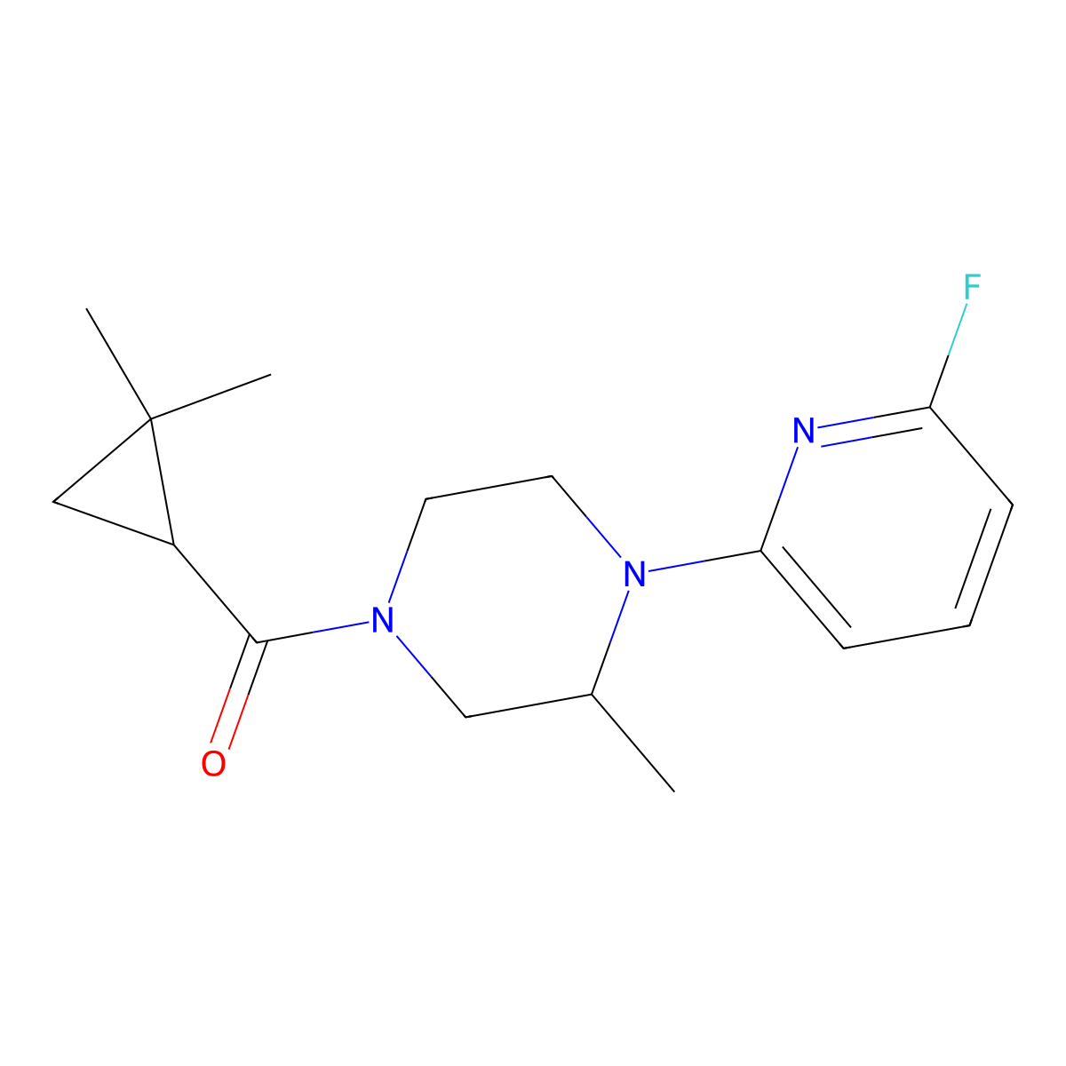 4-(2,2-Dimethylcyclopropanecarbonyl)-1-(6-fluoropyridin-2-yl)-2-methylpiperazine molecular structure, CAS 3054589-23-7