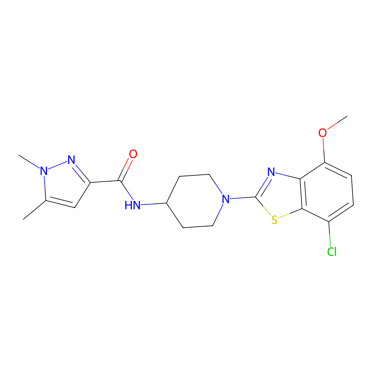 N-[1-(7-chloro-4-methoxy-1,3-benzothiazol-2-yl)piperidin-4-yl]-1,5-dimethyl-1H-pyrazole-3-carboxamide molecular structure, CAS 3054589-24-8