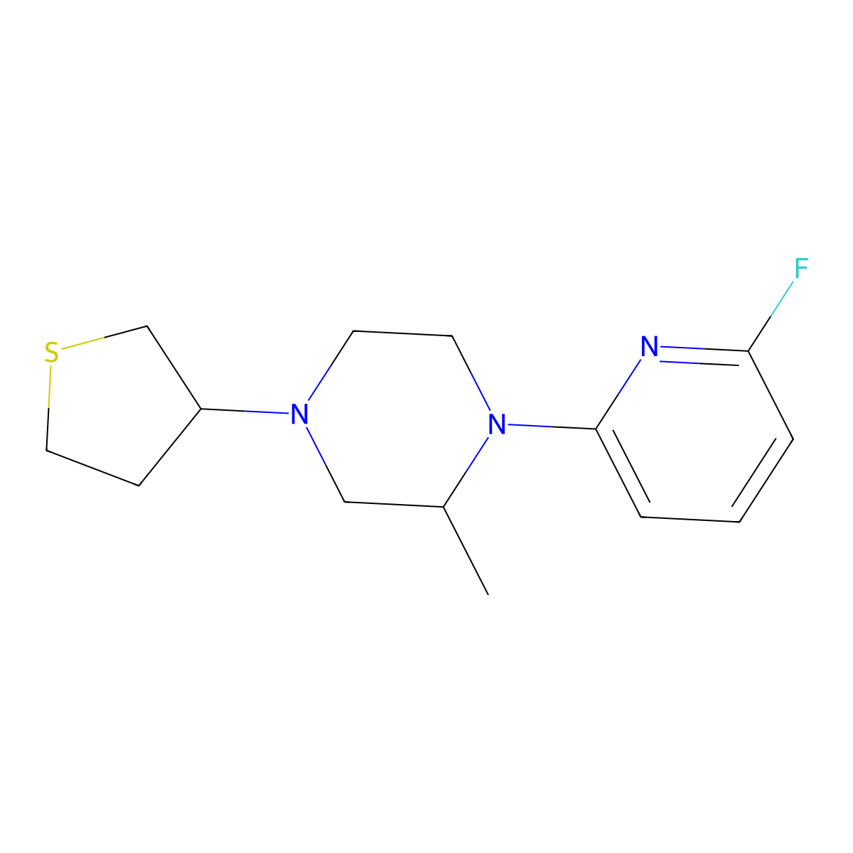 1-(6-Fluoropyridin-2-yl)-2-methyl-4-(thiolan-3-yl)piperazine molecular structure, CAS 3054589-26-0