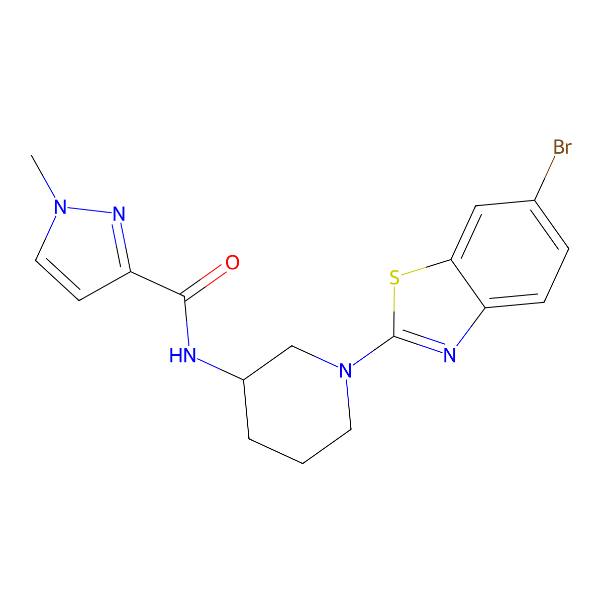 N-[1-(6-bromo-1,3-benzothiazol-2-yl)piperidin-3-yl]-1-methyl-1H-pyrazole-3-carboxamide molecular structure, CAS 3054589-28-2