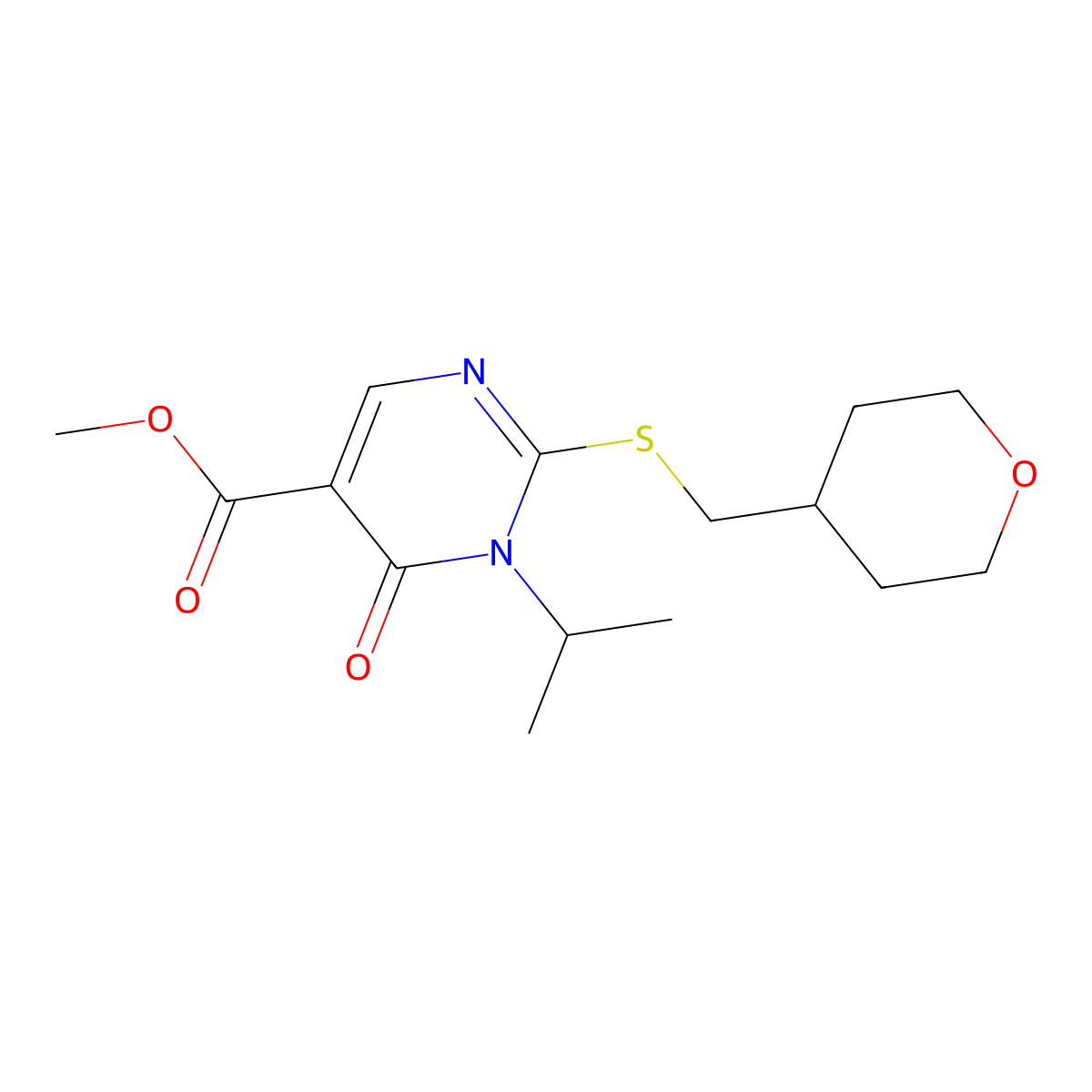 Methyl 2-{[(oxan-4-yl)methyl]sulfanyl}-6-oxo-1-(propan-2-yl)-1,6-dihydropyrimidine-5-carboxylate molecular structure, CAS 3054589-31-7
