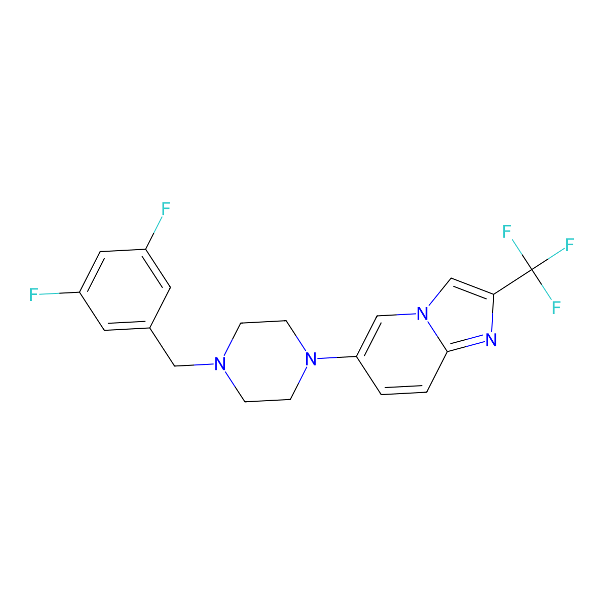 1-[(3,5-Difluorophenyl)methyl]-4-[2-(trifluoromethyl)imidazo[1,2-a]pyridin-6-yl]piperazine molecular structure, CAS 3054589-42-0