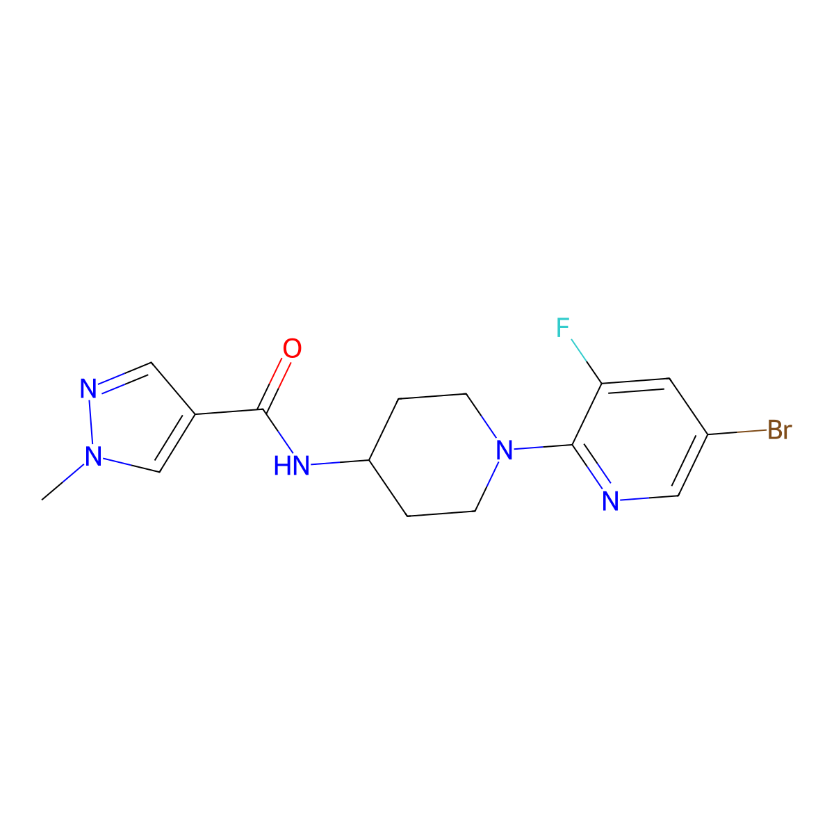 N-[1-(5-bromo-3-fluoropyridin-2-yl)piperidin-4-yl]-1-methyl-1H-pyrazole-4-carboxamide molecular structure, CAS 3054589-43-1