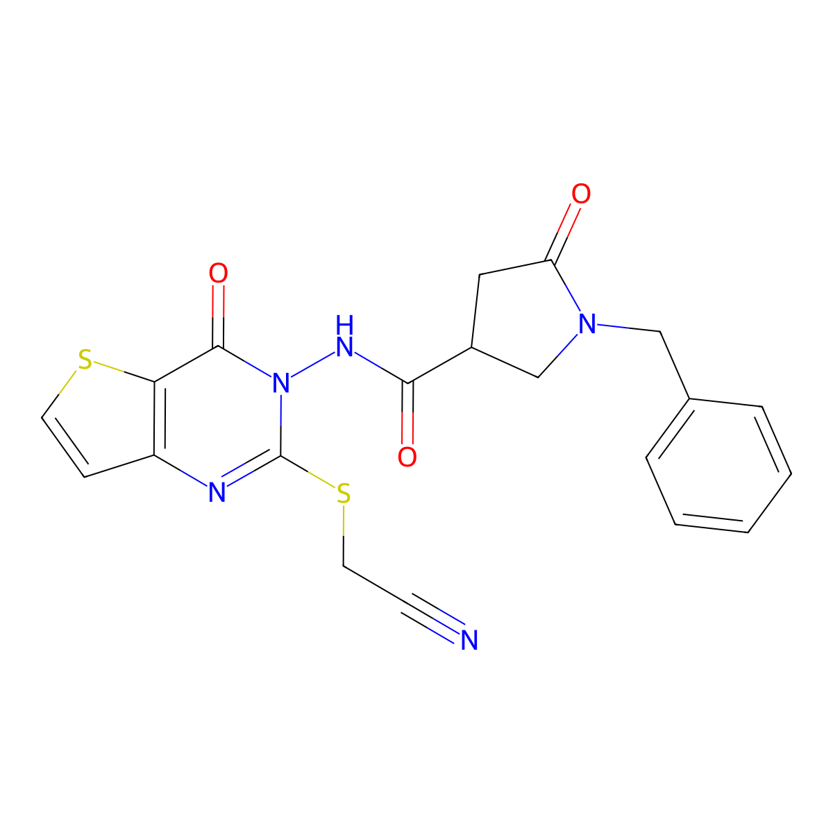 1-benzyl-N-{2-[(cyanomethyl)sulfanyl]-4-oxo-3H,4H-thieno[3,2-d]pyrimidin-3-yl}-5-oxopyrrolidine-3-carboxamide molecular structure, CAS 3054589-45-3