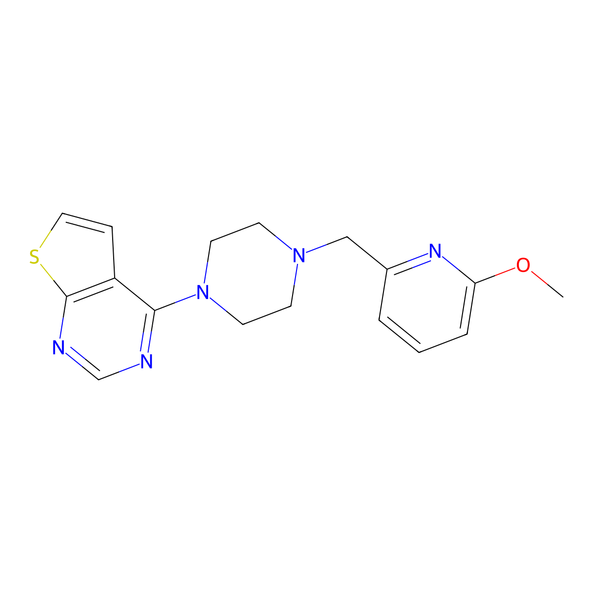 1-[(6-Methoxypyridin-2-yl)methyl]-4-{thieno[2,3-d]pyrimidin-4-yl}piperazine molecular structure, CAS 3054589-47-5