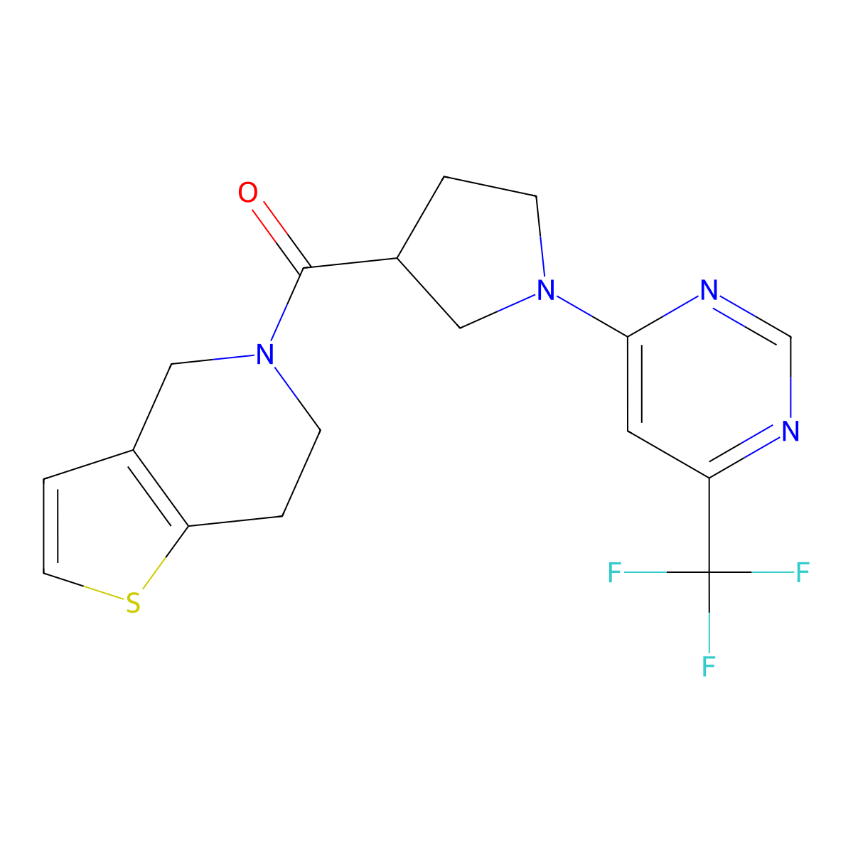 4-(3-{4H,5H,6H,7H-thieno[3,2-c]pyridine-5-carbonyl}pyrrolidin-1-yl)-6-(trifluoromethyl)pyrimidine molecular structure, CAS 3054589-54-4