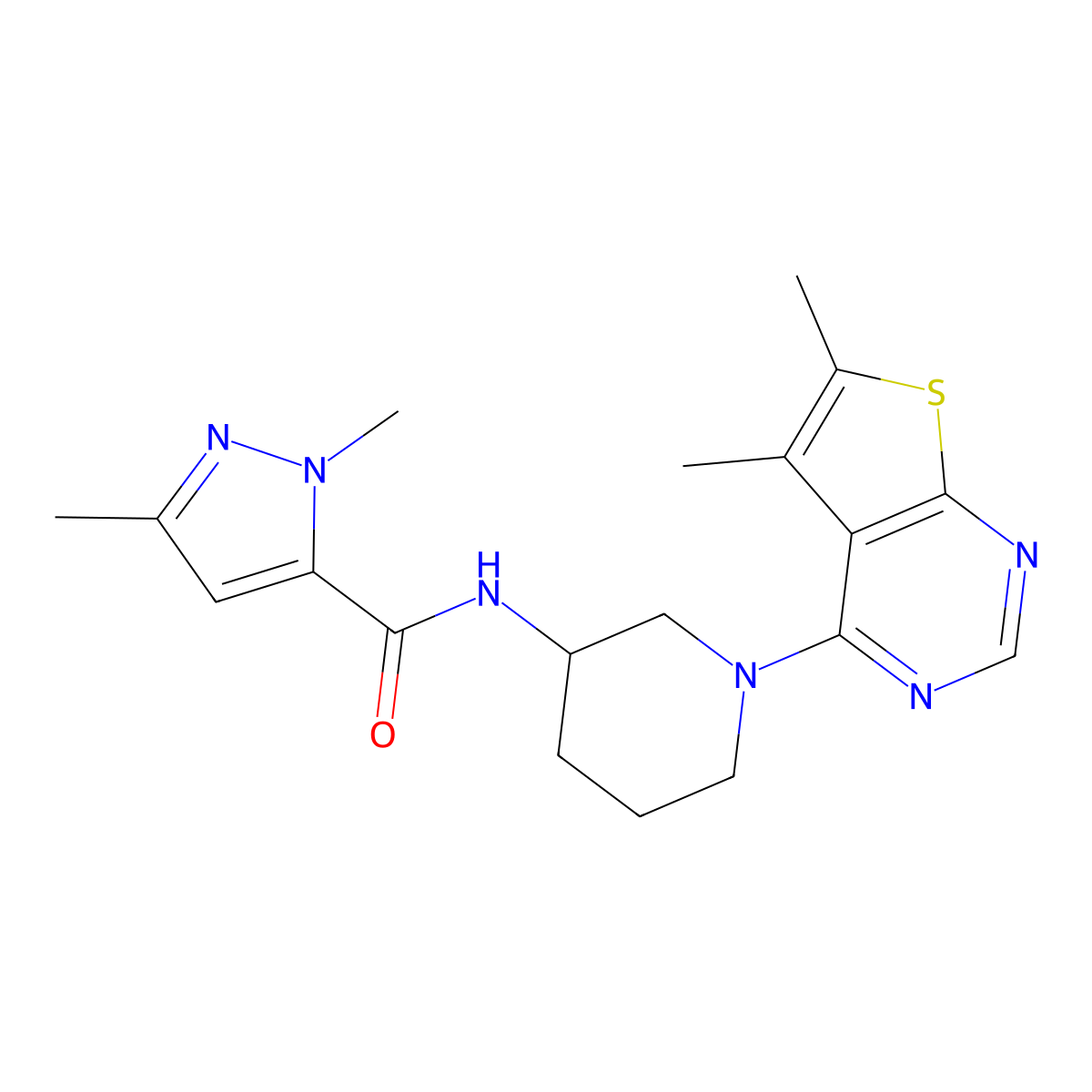 N-(1-{5,6-dimethylthieno[2,3-d]pyrimidin-4-yl}piperidin-3-yl)-1,3-dimethyl-1H-pyrazole-5-carboxamide molecular structure, CAS 3054589-58-8