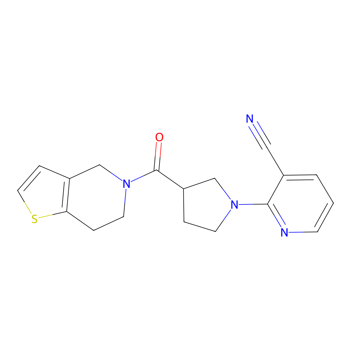 2-(3-{4H,5H,6H,7H-thieno[3,2-c]pyridine-5-carbonyl}pyrrolidin-1-yl)pyridine-3-carbonitrile molecular structure, CAS 3054589-59-9