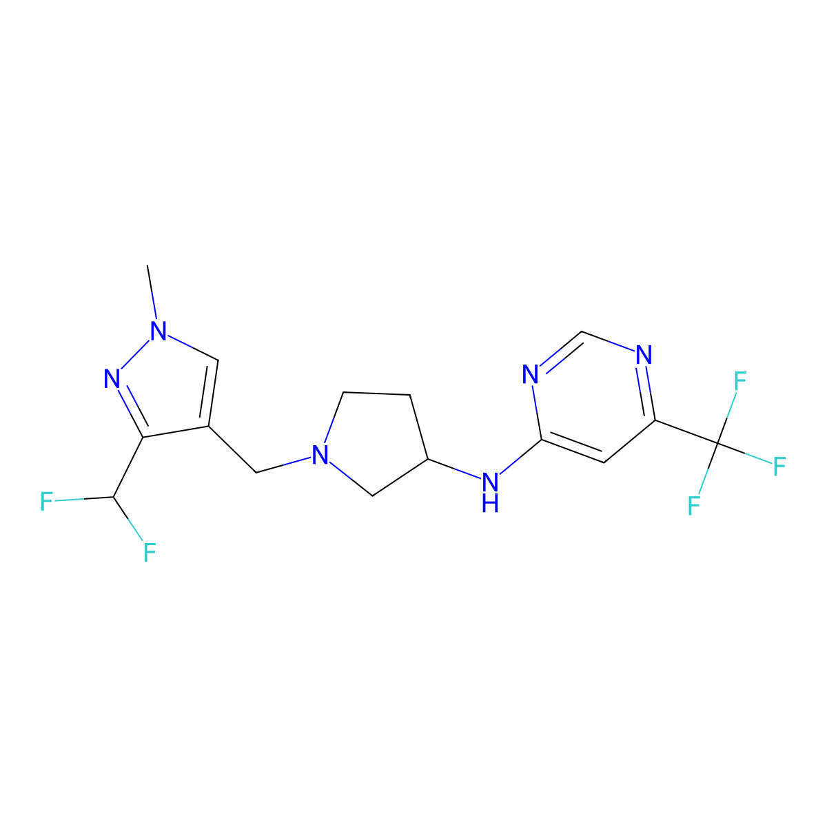 N-(1-{[3-(difluoromethyl)-1-methyl-1H-pyrazol-4-yl]methyl}pyrrolidin-3-yl)-6-(trifluoromethyl)pyrimidin-4-amine molecular structure, CAS 3054589-65-7