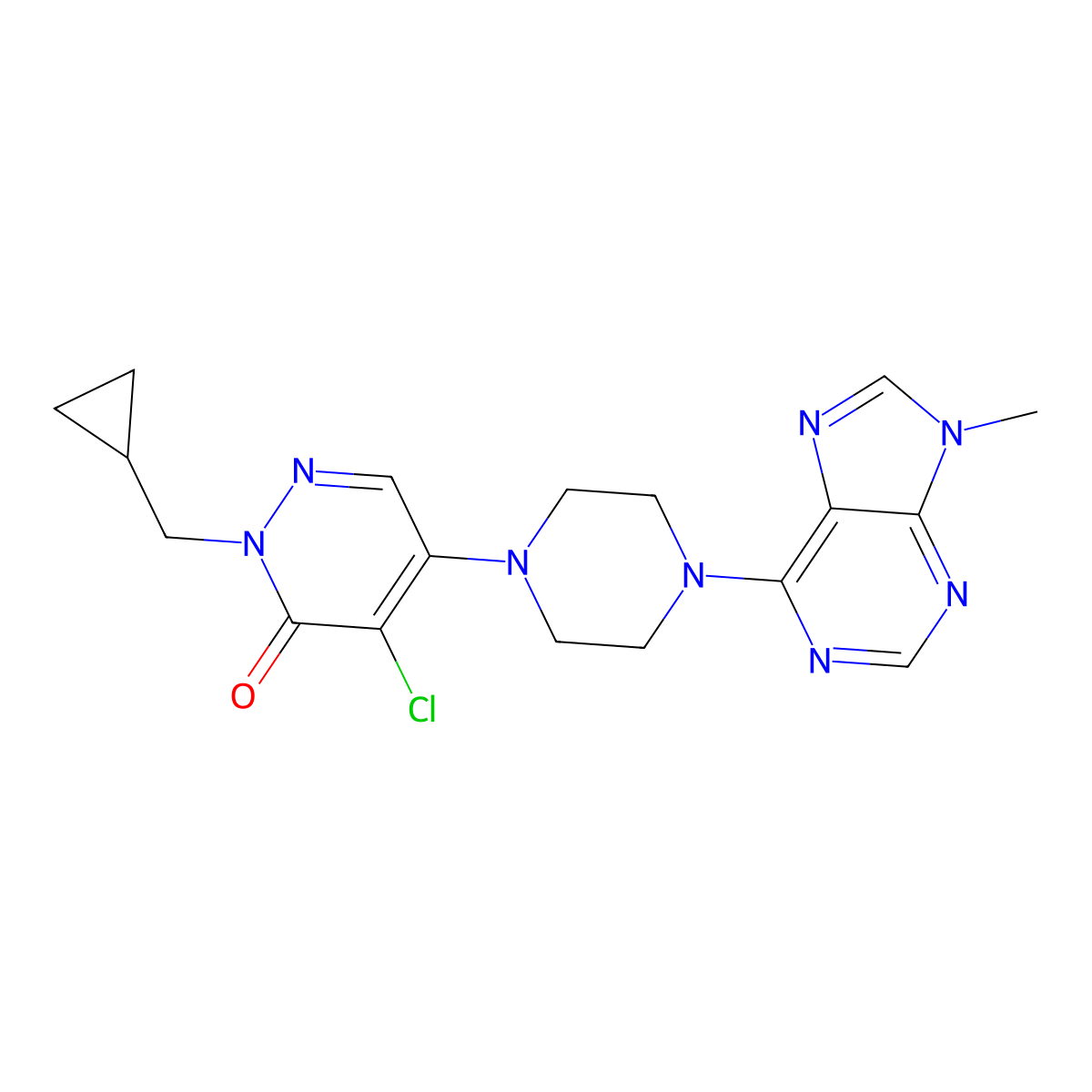 4-Chloro-2-(cyclopropylmethyl)-5-[4-(9-methylpurin-6-yl)piperazin-1-yl]pyridazin-3-one molecular structure, CAS 3054589-70-4