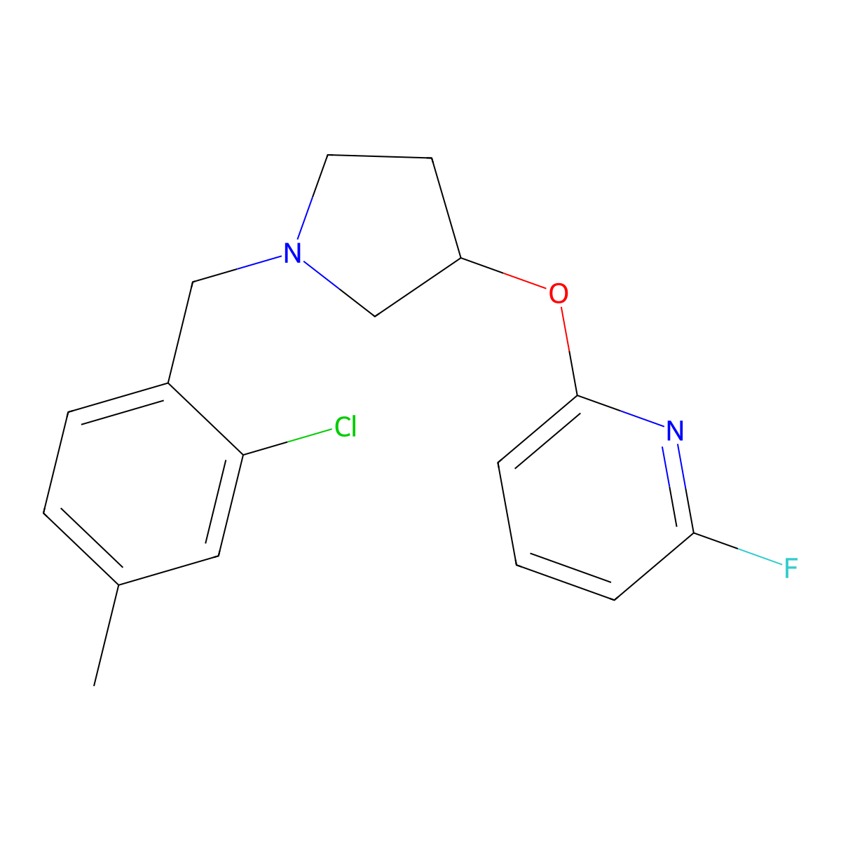 2-({1-[(2-Chloro-4-methylphenyl)methyl]pyrrolidin-3-yl}oxy)-6-fluoropyridine molecular structure, CAS 3054589-72-6