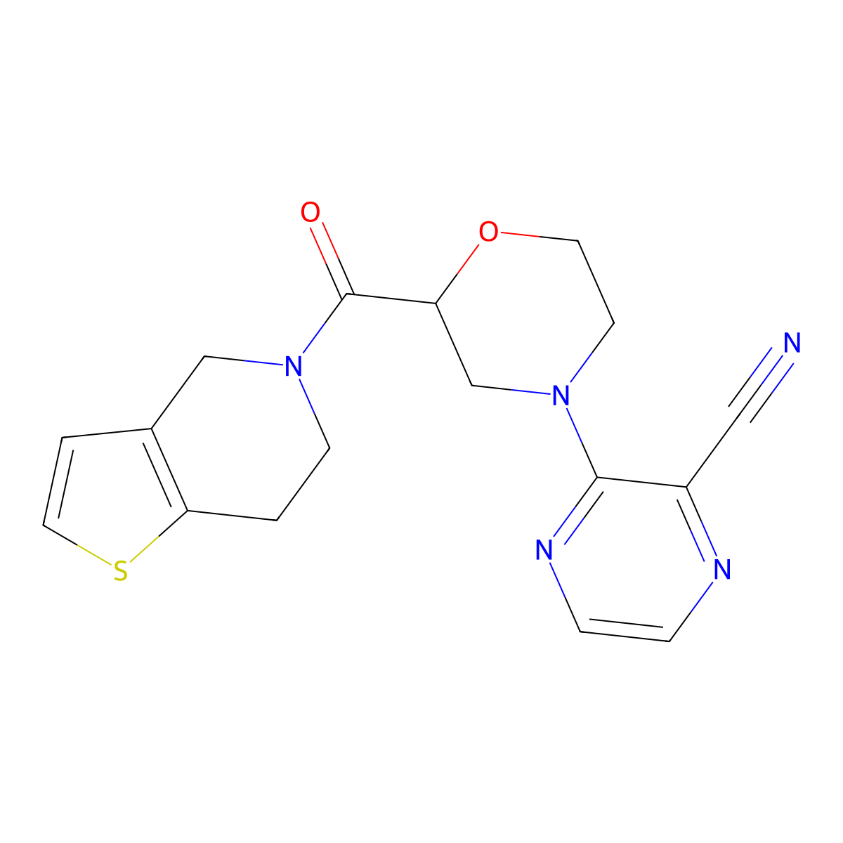 3-(2-{4H,5H,6H,7H-thieno[3,2-c]pyridine-5-carbonyl}morpholin-4-yl)pyrazine-2-carbonitrile molecular structure, CAS 3054589-85-1