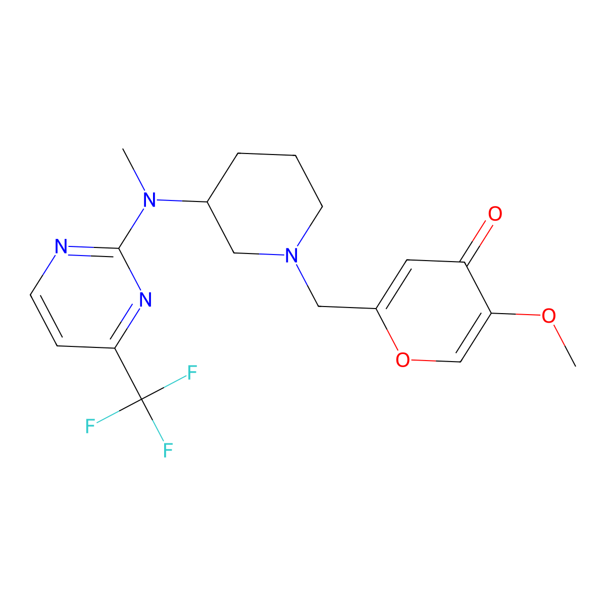 5-methoxy-2-[(3-{methyl[4-(trifluoromethyl)pyrimidin-2-yl]amino}piperidin-1-yl)methyl]-4H-pyran-4-one molecular structure, CAS 3054589-87-3